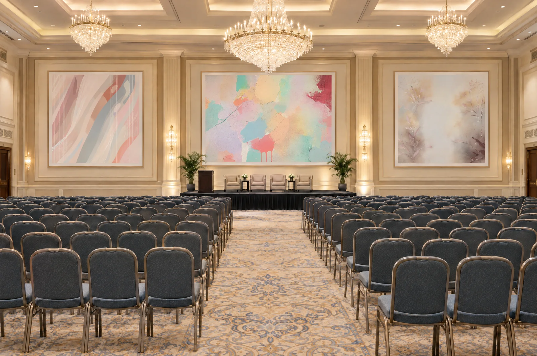 After: the same ballroom with a very large framed pastel artwork in each of the three wall panels