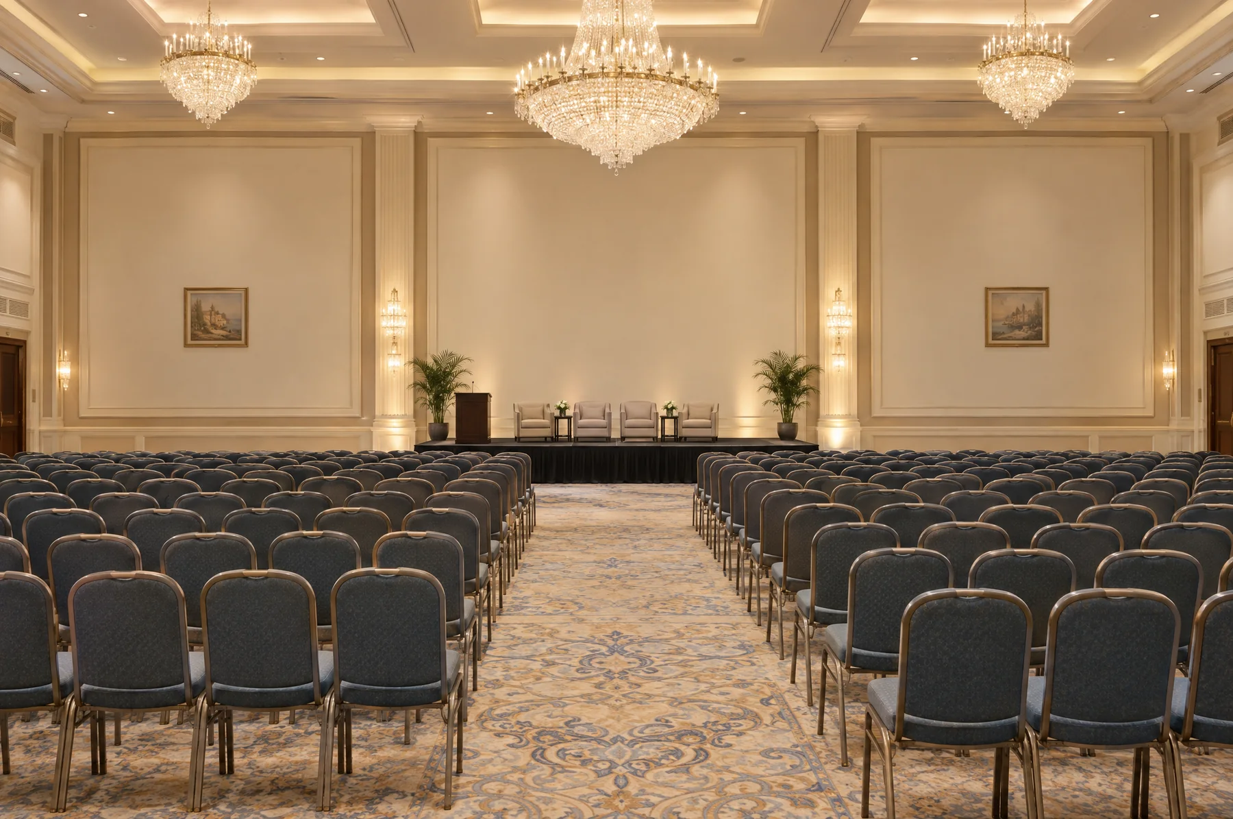 Before: a hotel ballroom set for a conference with two small prints on its tall wall panels