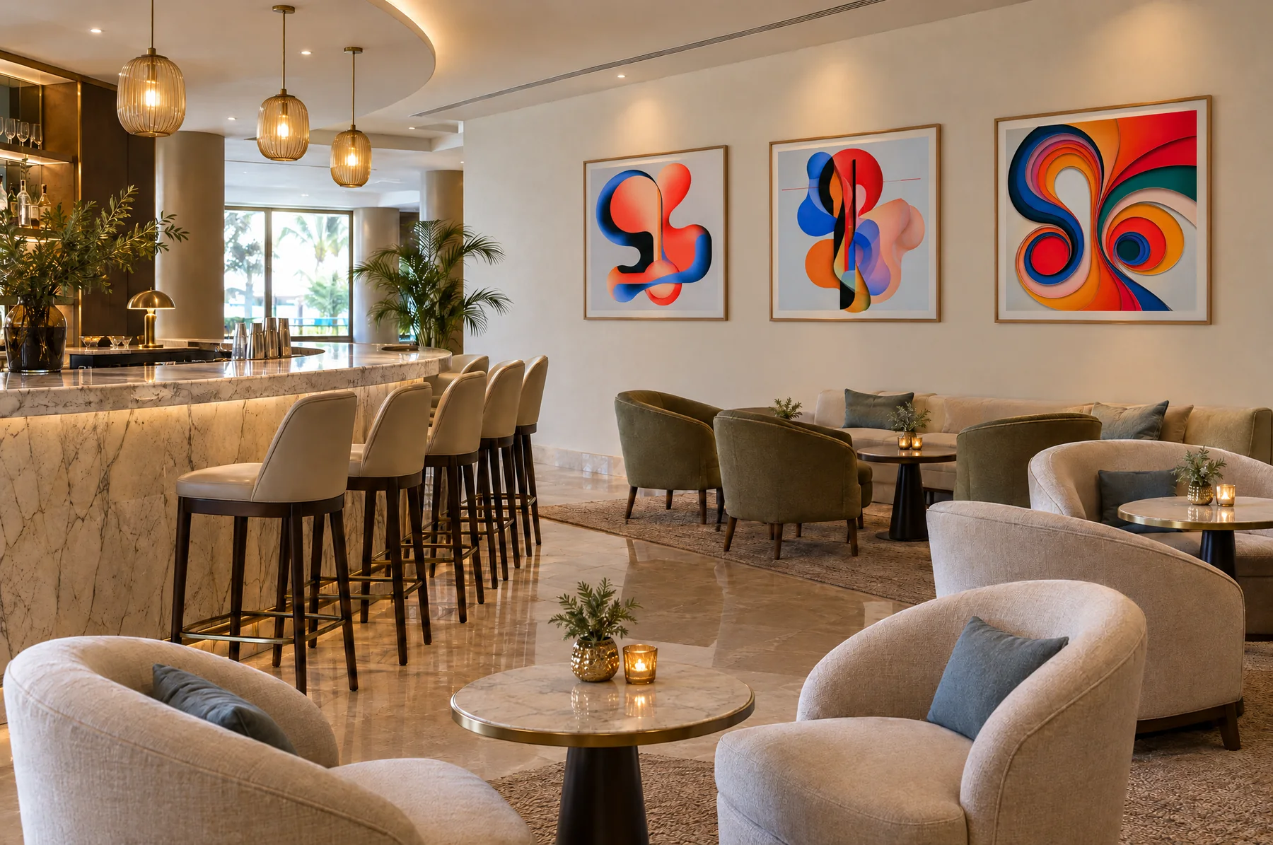After: the same bar with three large framed cobalt and coral squares