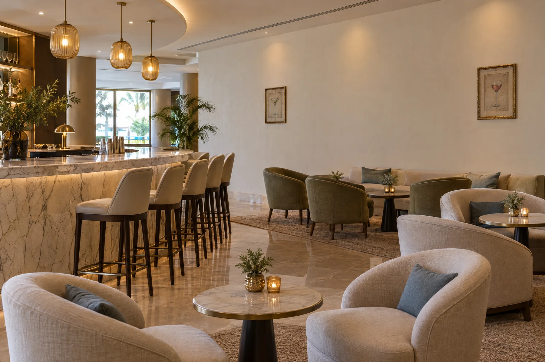 Before: a lobby bar with two small cocktail prints on a long wall