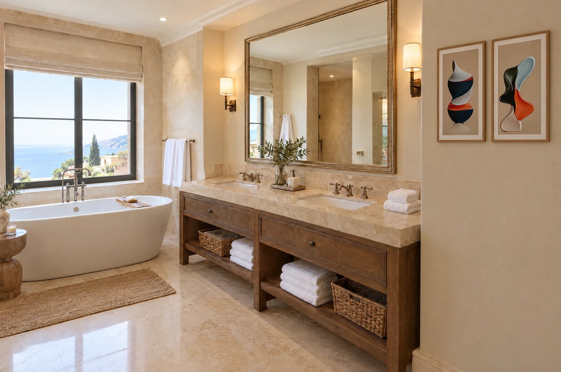 After: the same bathroom with a pair of small framed portrait artworks beside the vanity