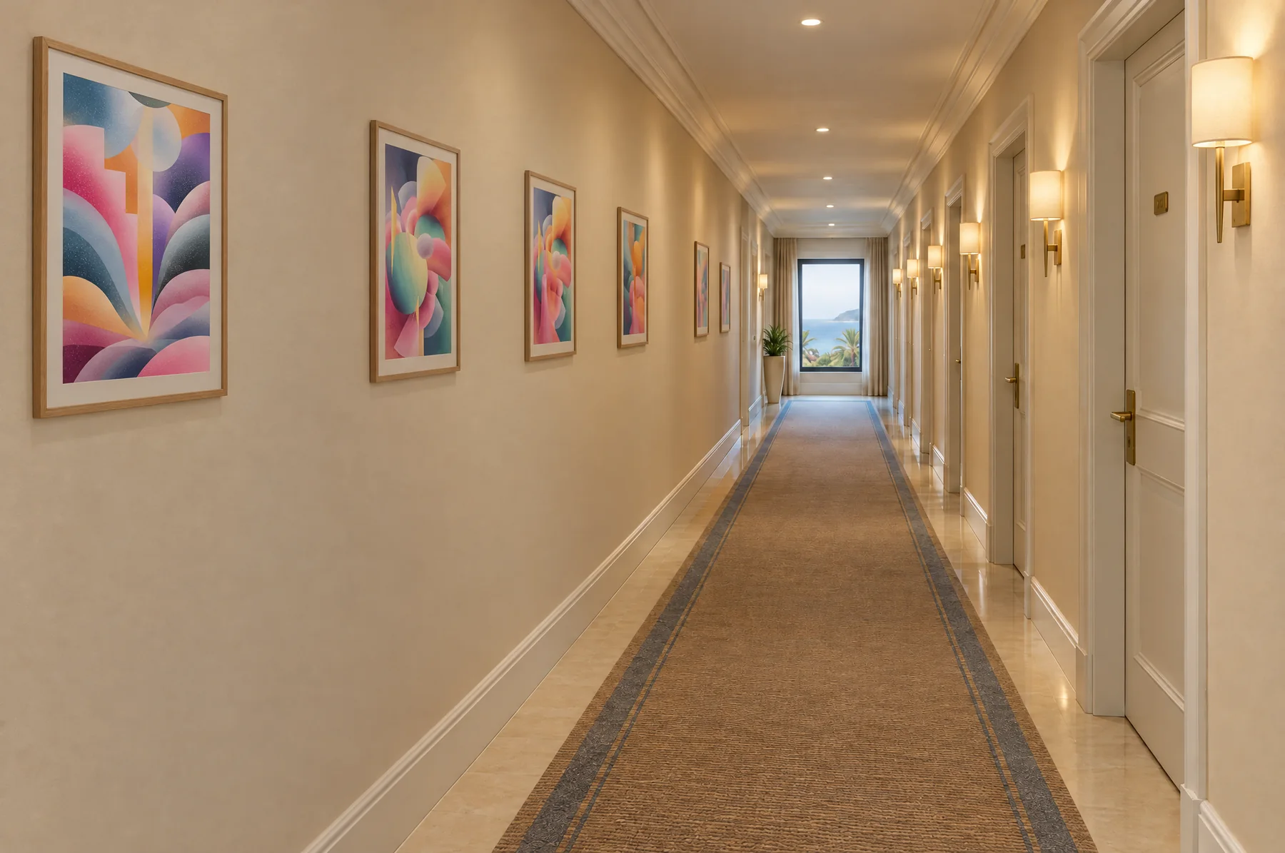 After: the same corridor with one family of framed portrait artworks on one line