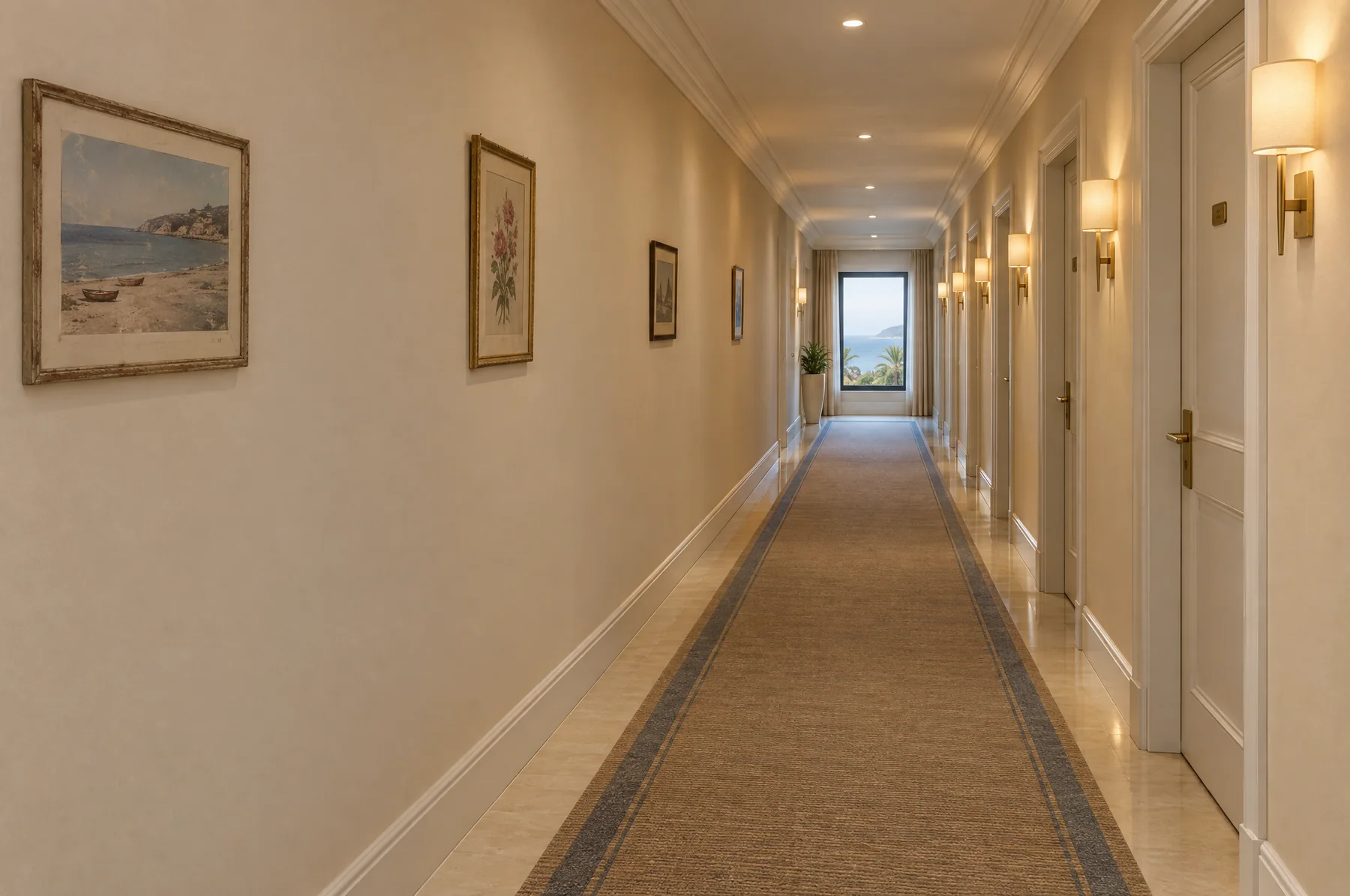 Before: a hotel corridor with old prints in different styles and frames at uneven heights