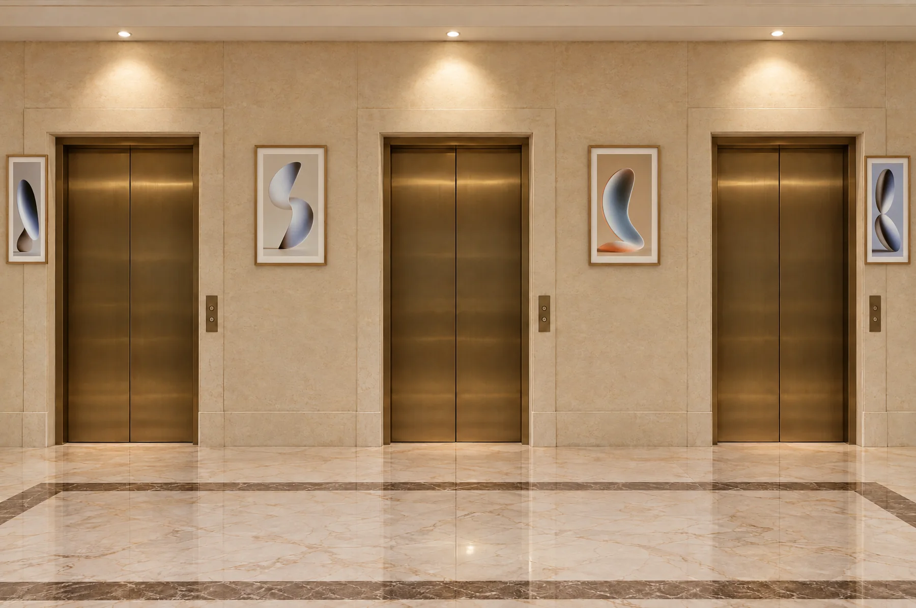After: the same elevator bank with a tall framed sculptural artwork beside every door
