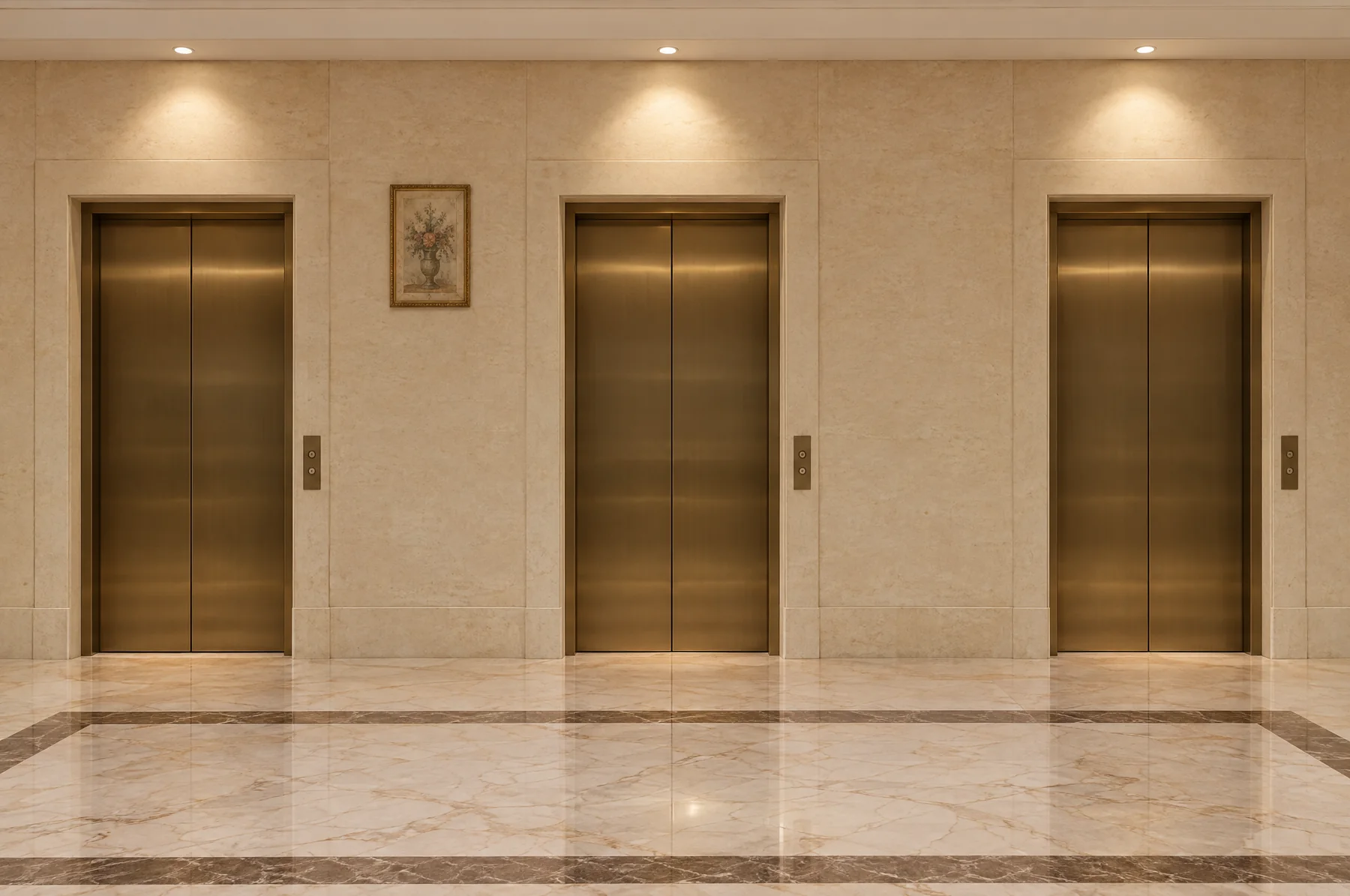 Before: a hotel elevator bank with one small vase print between two doors