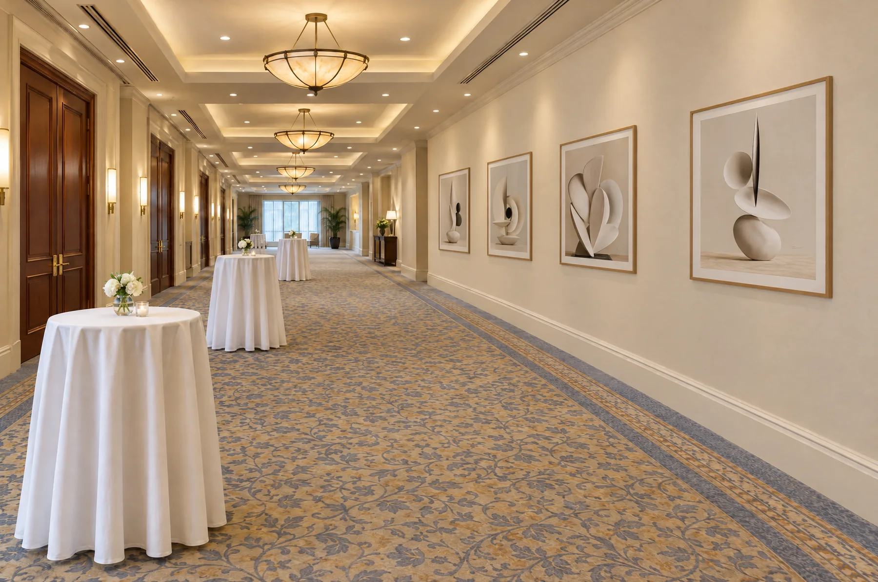 After: the same foyer with a series of four large framed sculptural squares along the wall