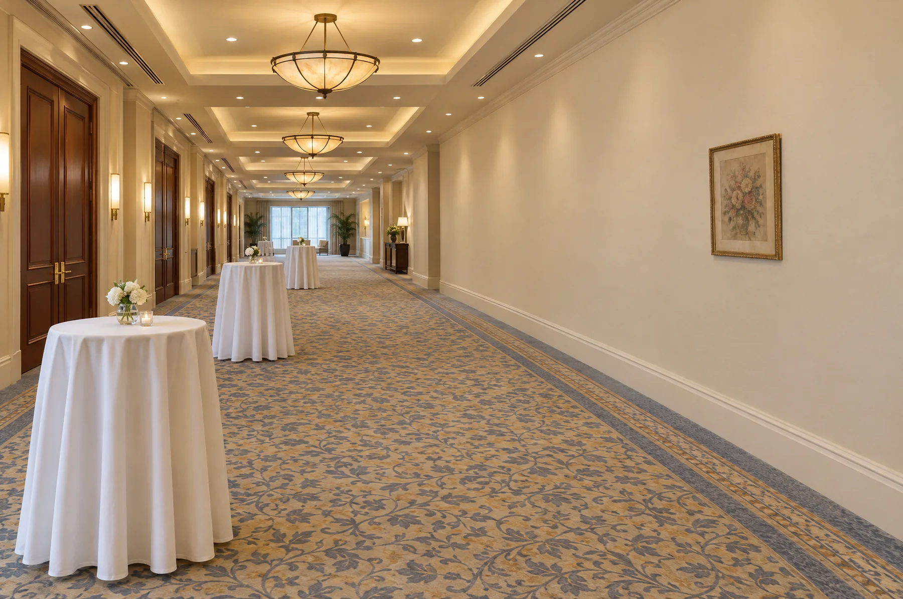 Before: a pre-function foyer with one small bouquet print on a long wall