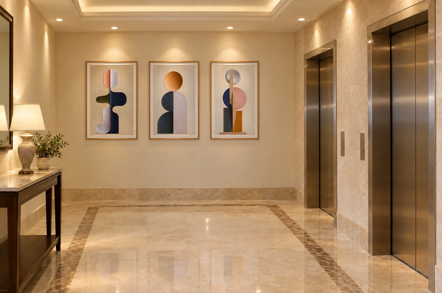 After: the same lift lobby with three tall framed sculptural artworks in a row