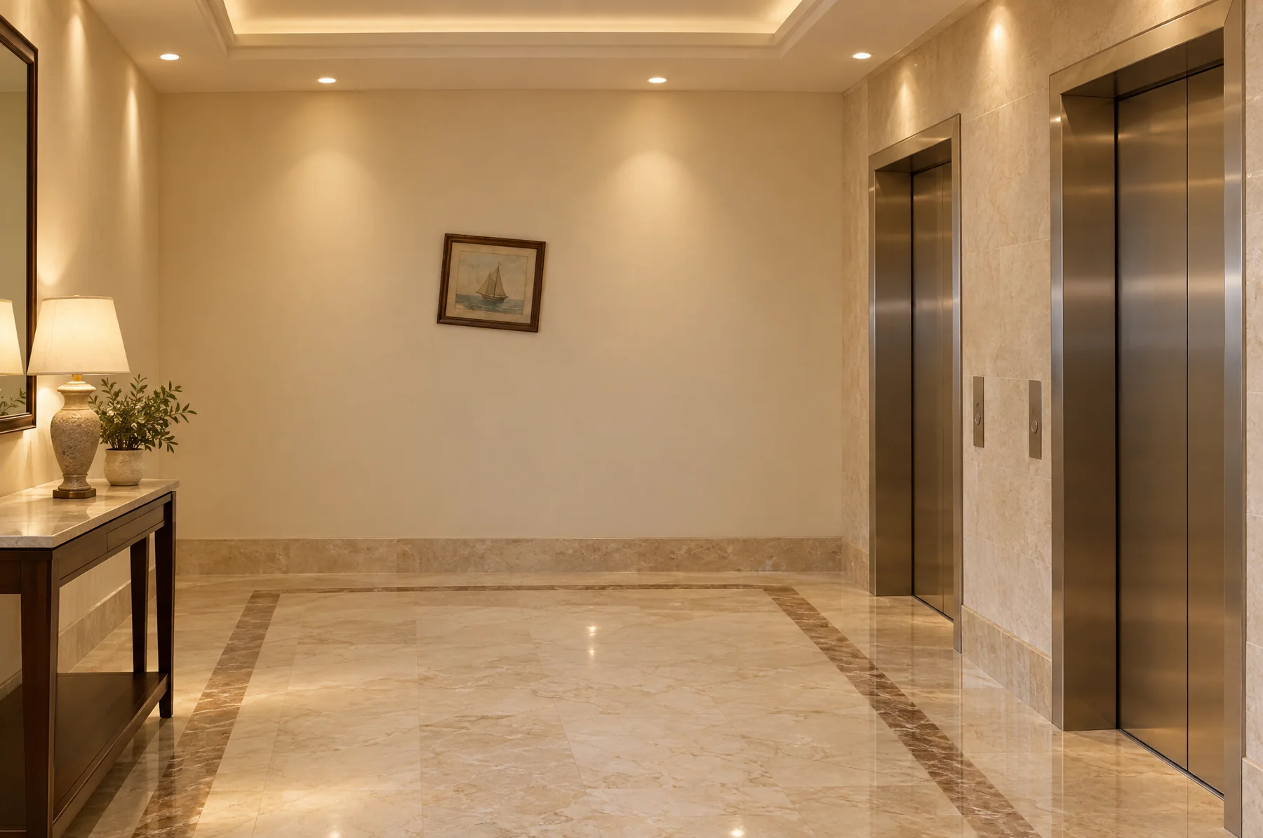 Before: a hotel lift lobby with one small crooked sailboat print on a wide wall