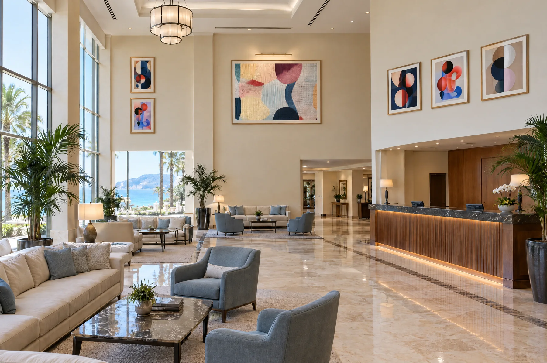 After: the same lobby with a large framed abstract artwork hung high and lit, three squares above the reception and two portraits on the side wall