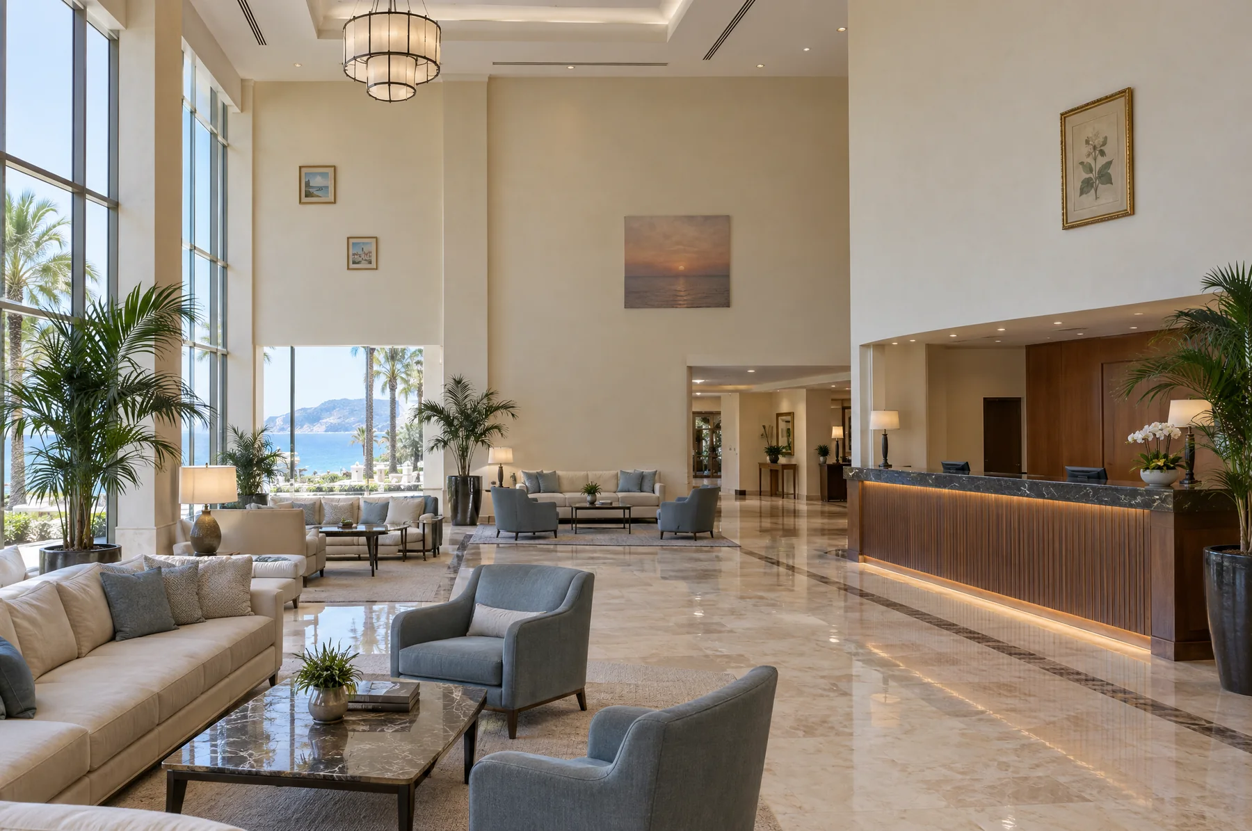 Before: a resort lobby with a few small, mismatched old prints on its tall walls