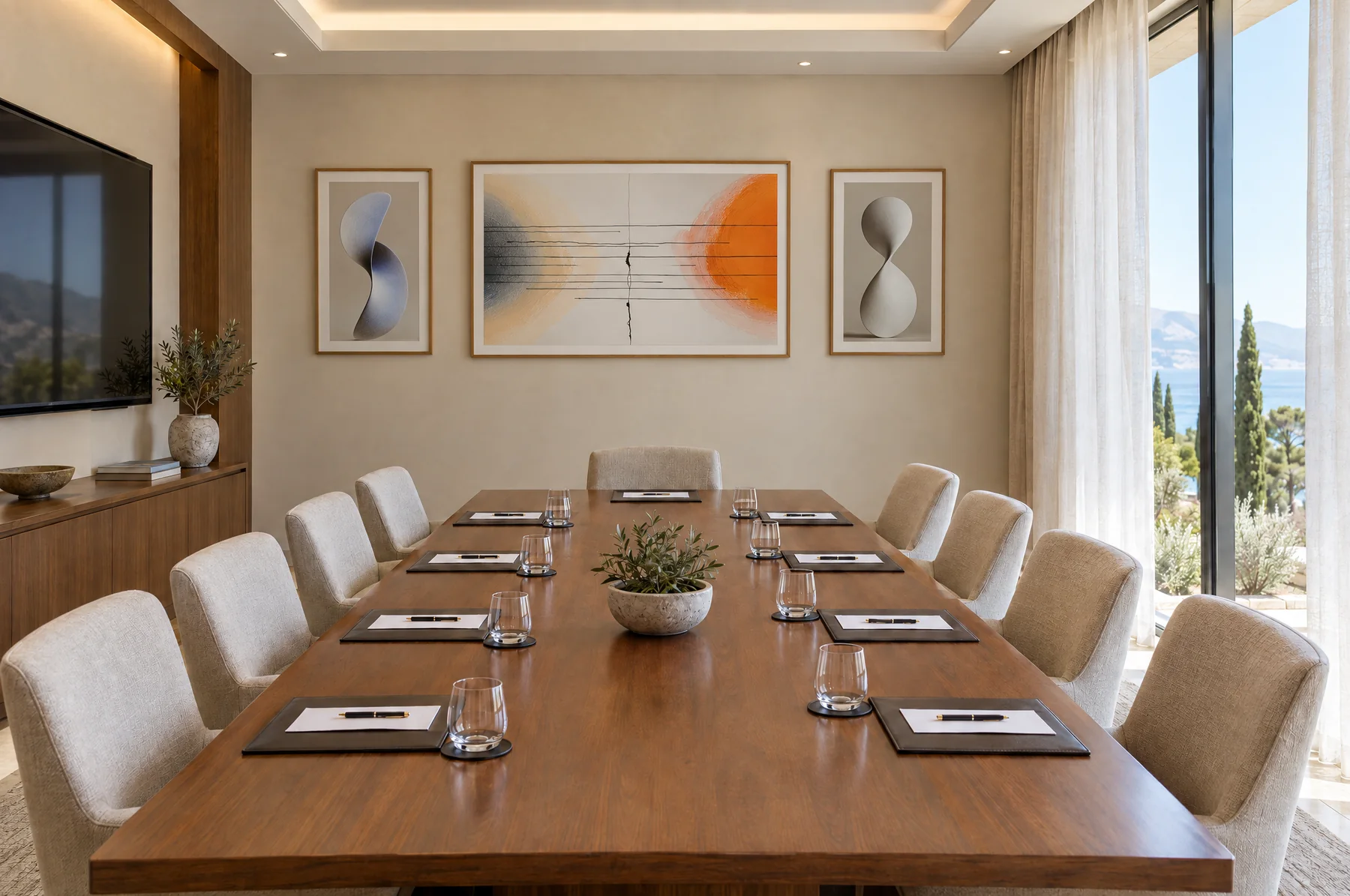 After: the same meeting room with a large framed landscape artwork between two portraits