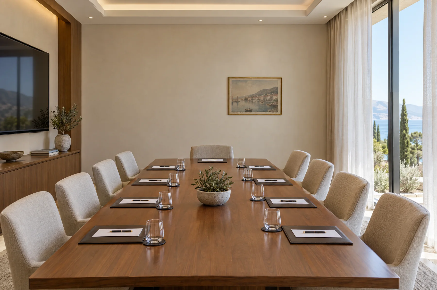 Before: a hotel meeting room with one small harbor print off center on the end wall
