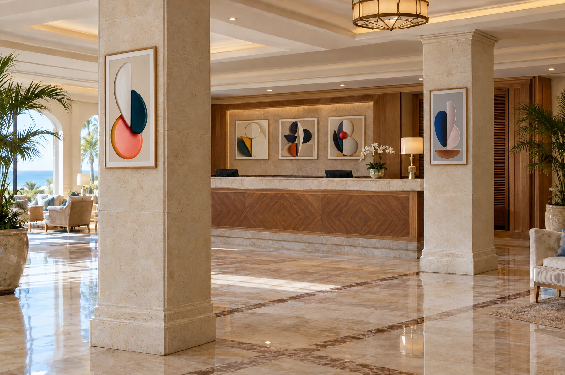 After: the same reception with a tall framed artwork on each column and three squares behind the desk