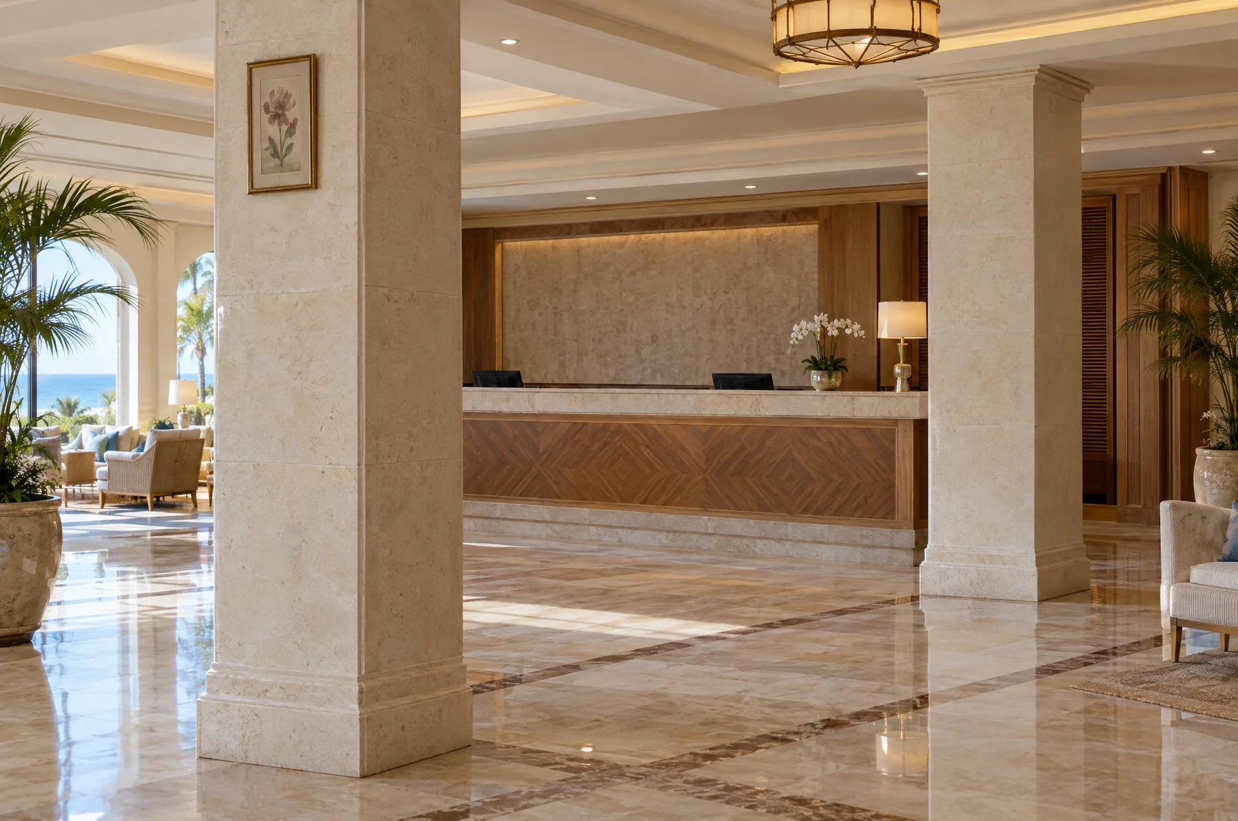 Before: a resort reception hall with a small flower print high on one stone column