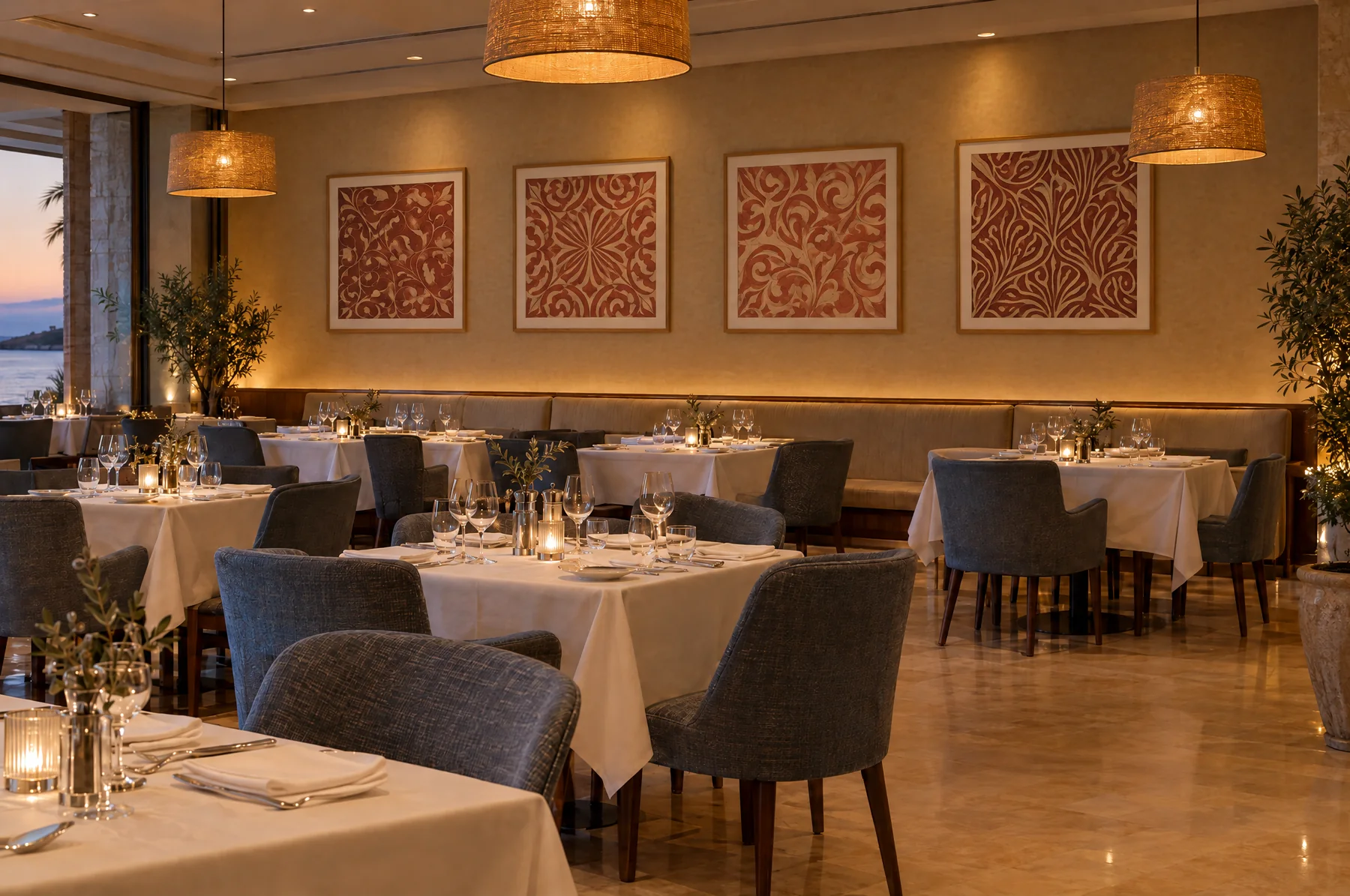After: the same restaurant with four framed terracotta pattern artworks along the wall
