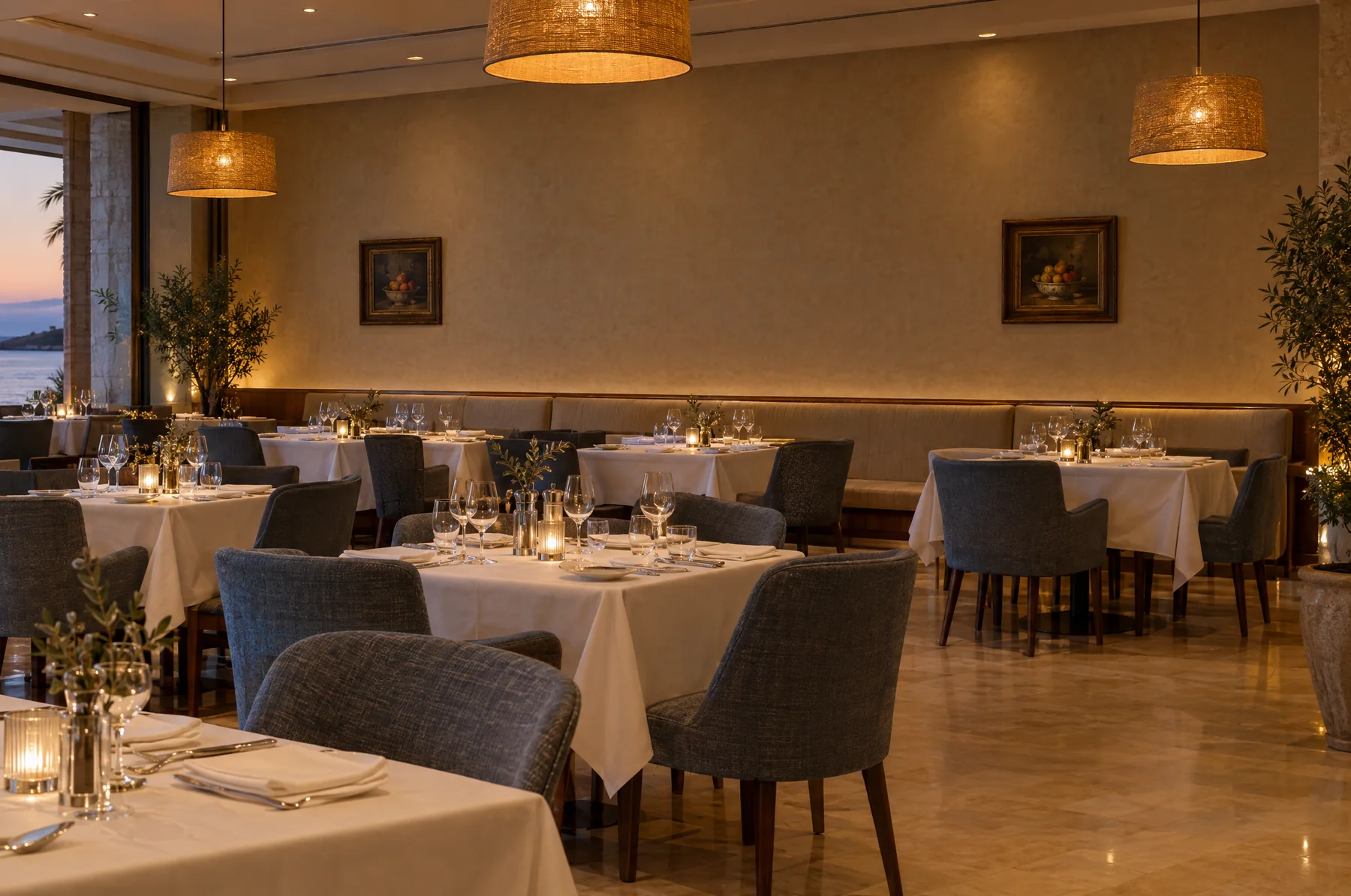 Before: a resort restaurant with two small still life prints on a long wall