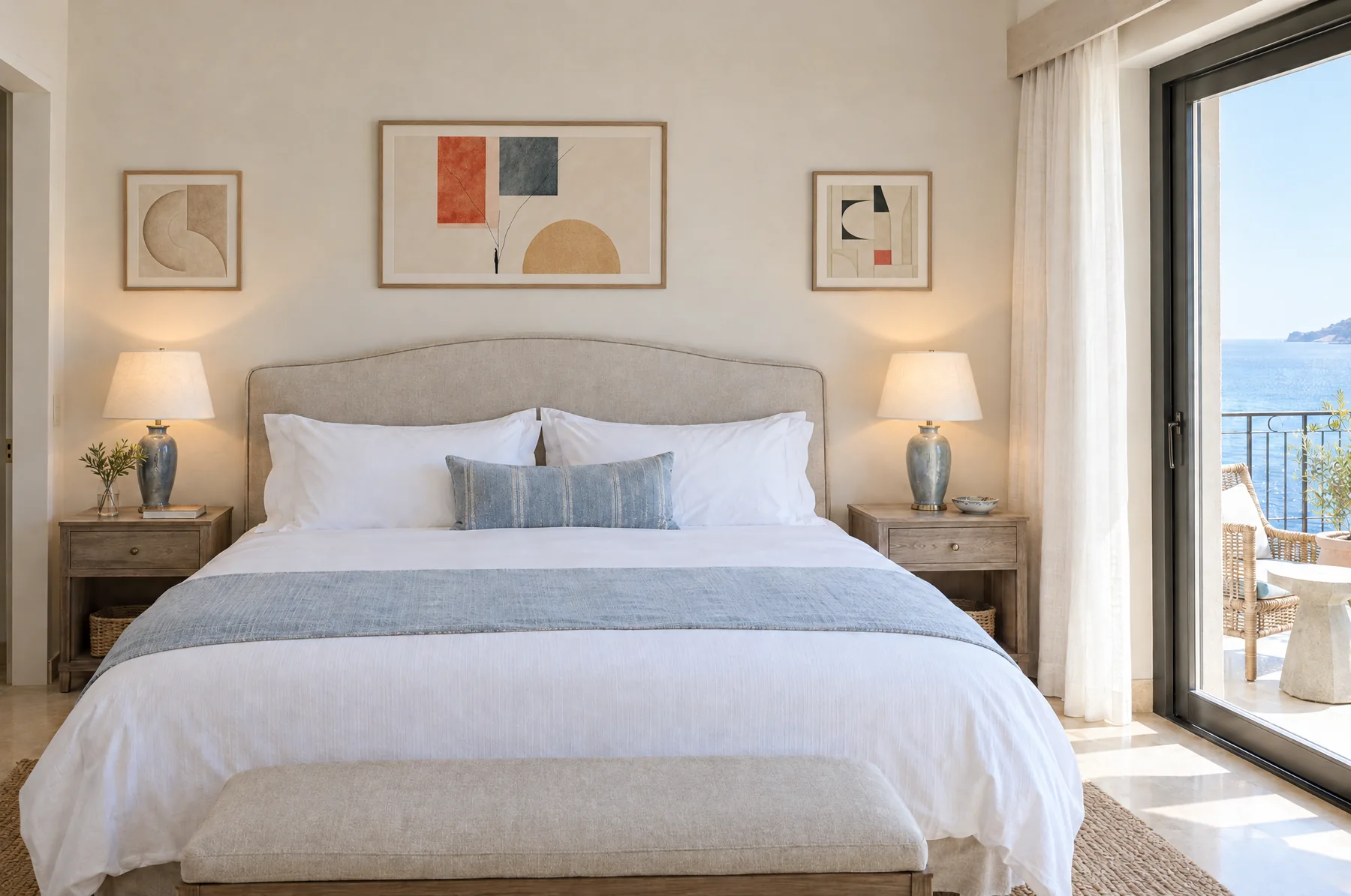 After: the same guest room with a framed landscape artwork above the bed and a small square on each side