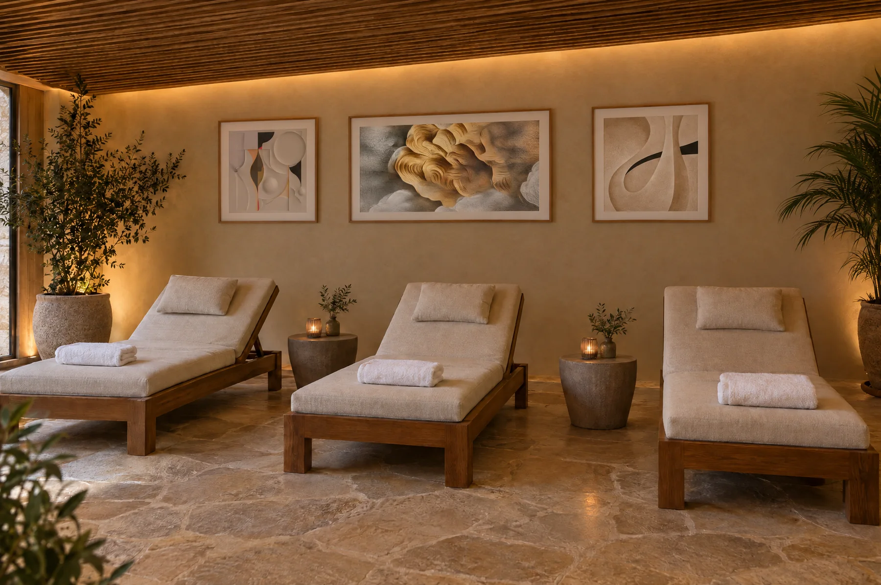 After: the same spa room with a framed landscape artwork between two cream relief squares