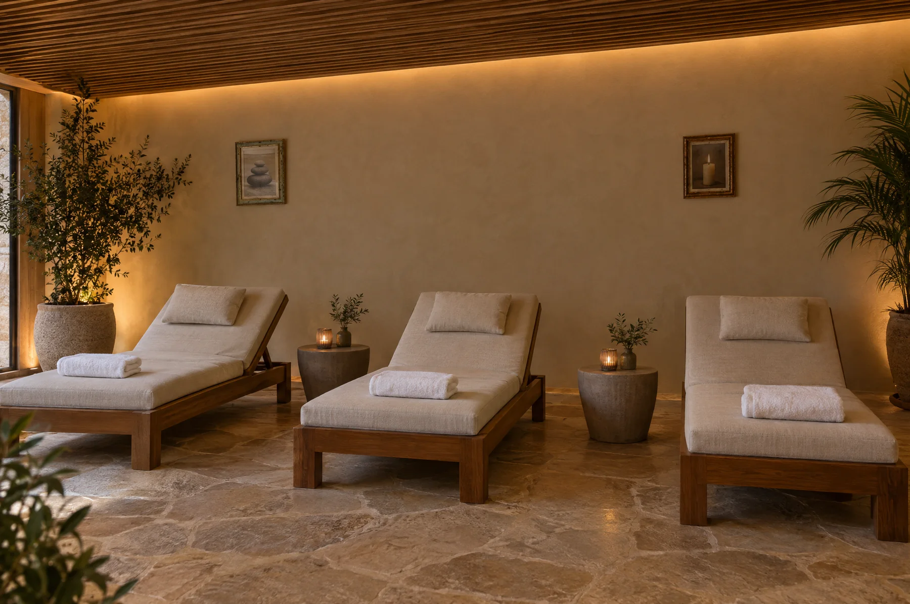 Before: a spa relaxation room with two small mismatched prints on the long wall