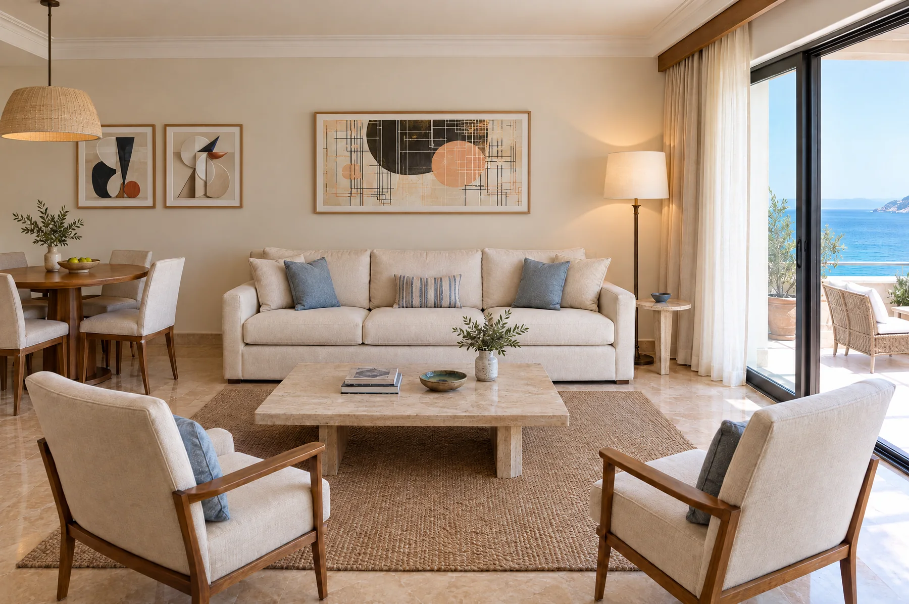 After: the same suite with a framed landscape artwork above the sofa and two squares above the dining table