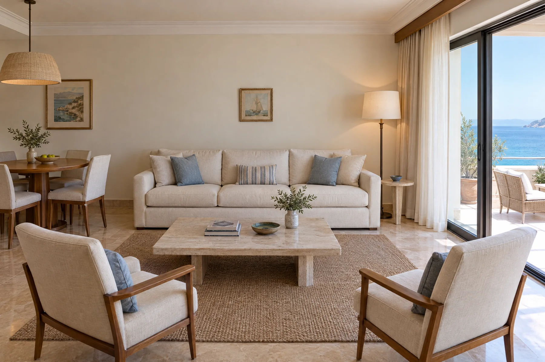 Before: a suite living room with a small boat print above the sofa