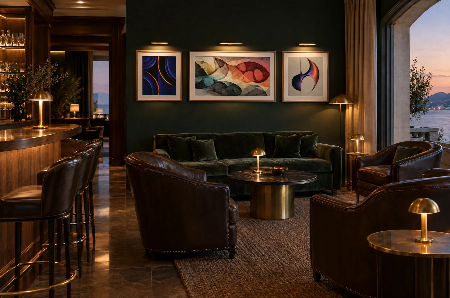 After: the same lounge with a framed landscape artwork between two violet squares, each lit