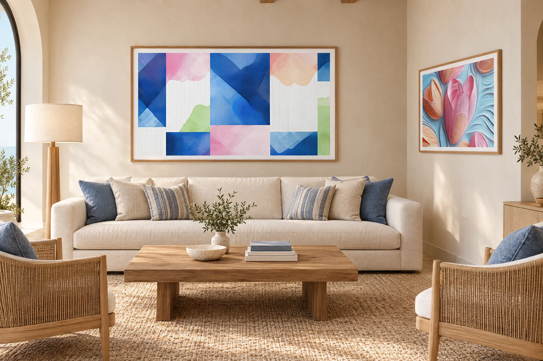 Two framed landscape artworks from the gallery above the sofa and on the side wall of a lounge