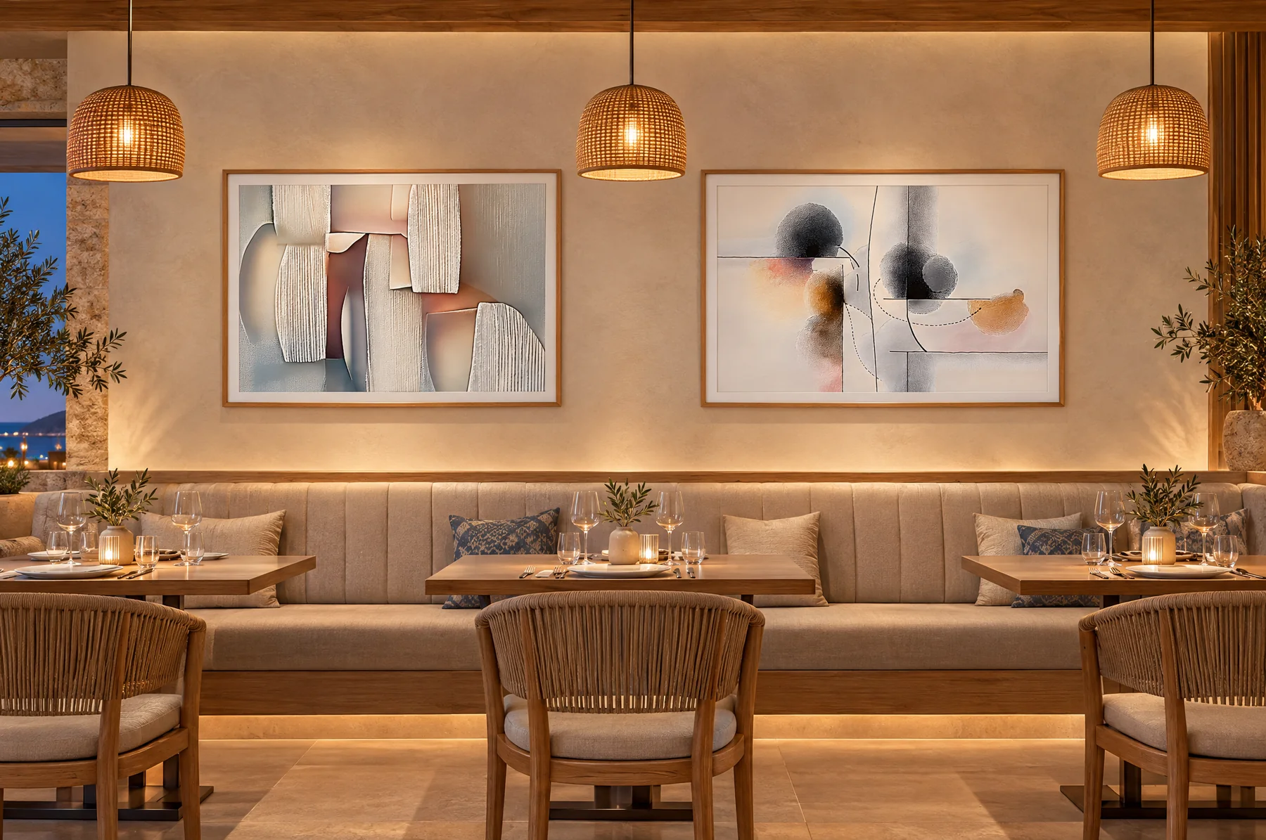 Two framed landscape artworks from the gallery along a restaurant wall above the banquette