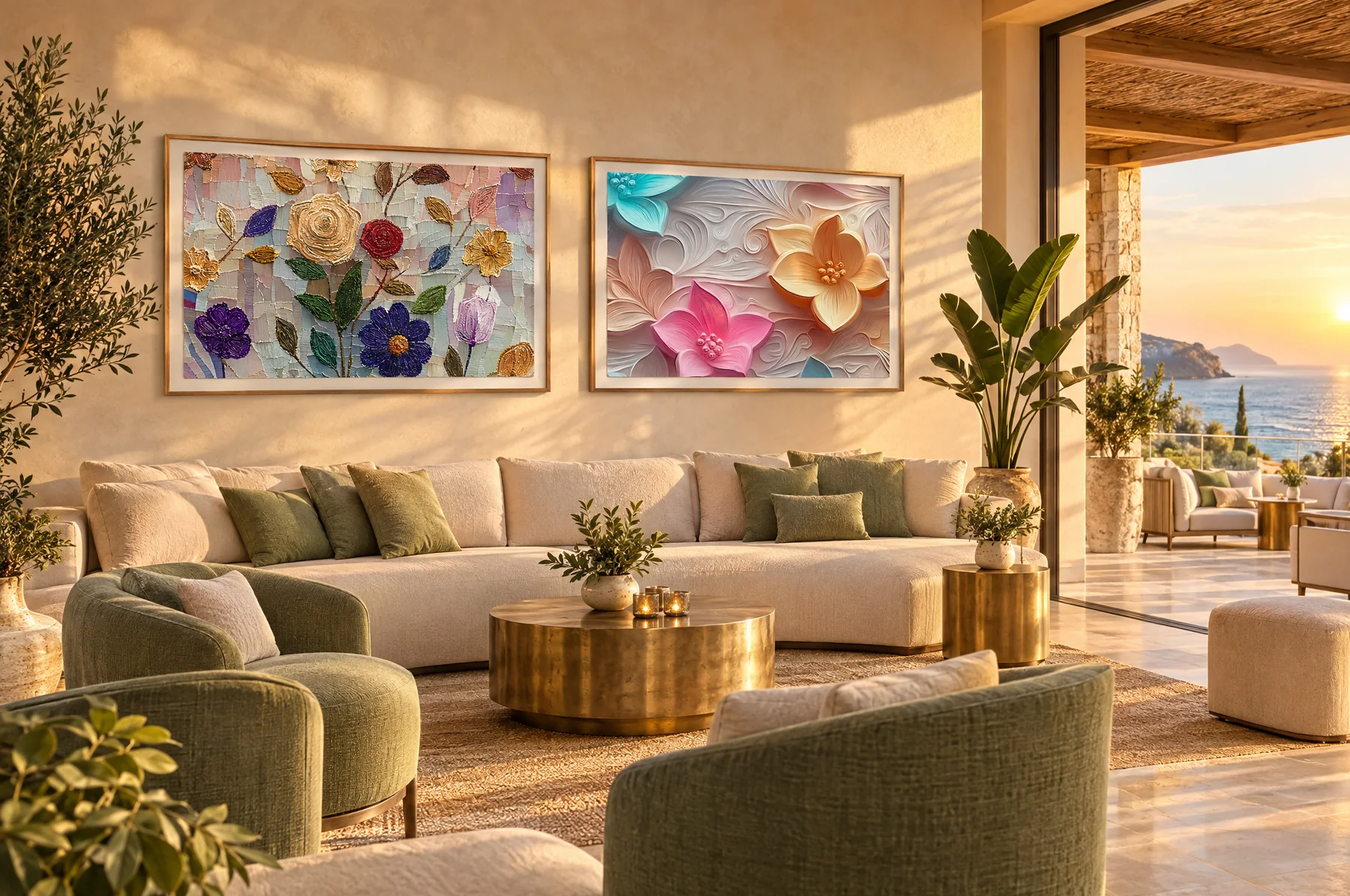 Two framed floral relief landscapes in a lounge bar opening onto a sea terrace