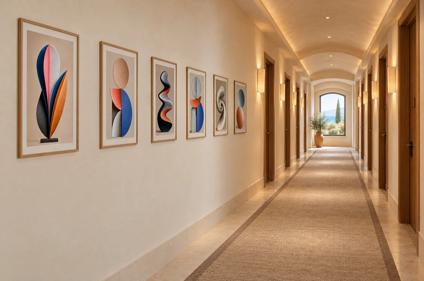 Six framed portrait artworks from the gallery along a hotel corridor