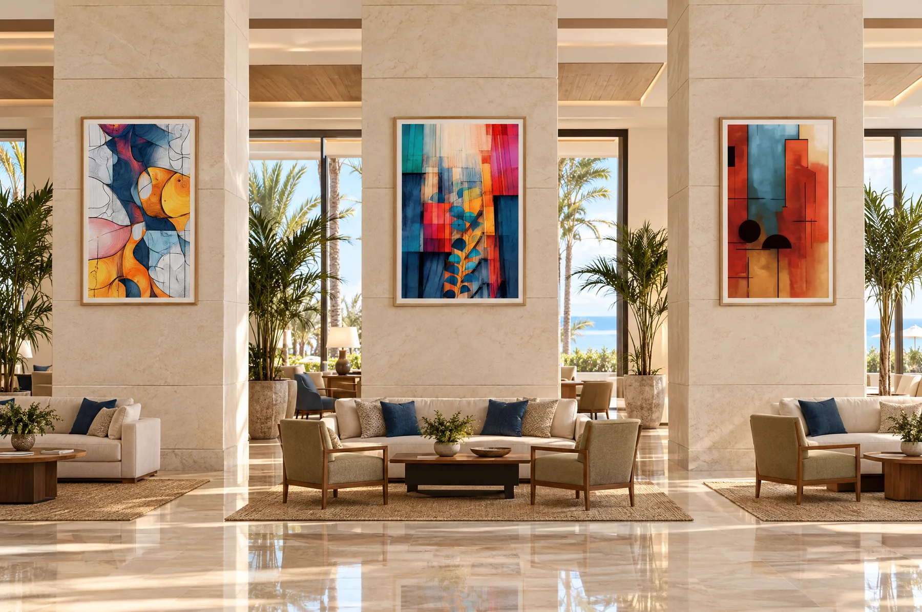 Three framed portrait artworks from the gallery on the stone columns of a lobby lounge