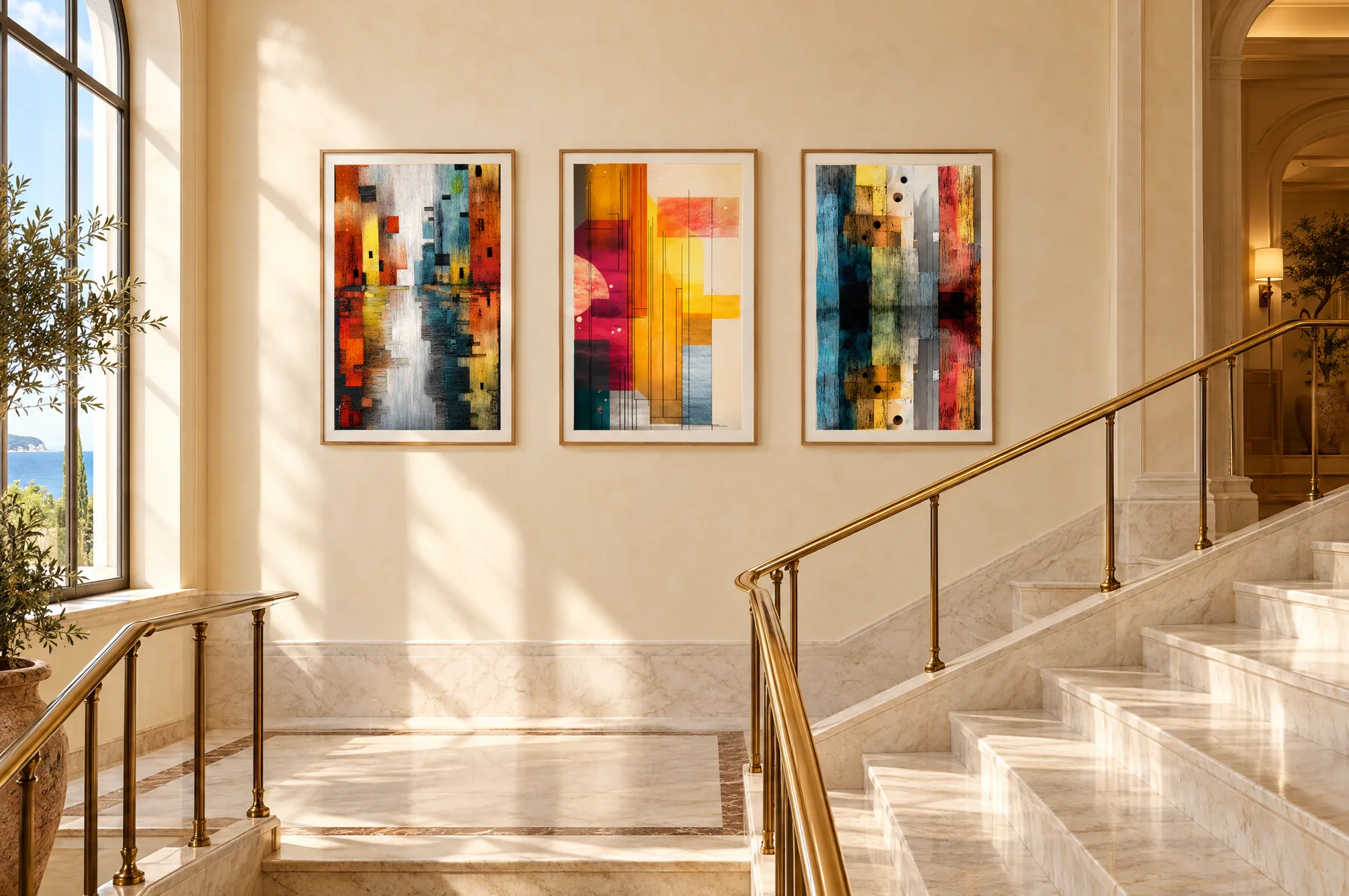 Three framed colorful portrait artworks on the landing of a marble hotel staircase