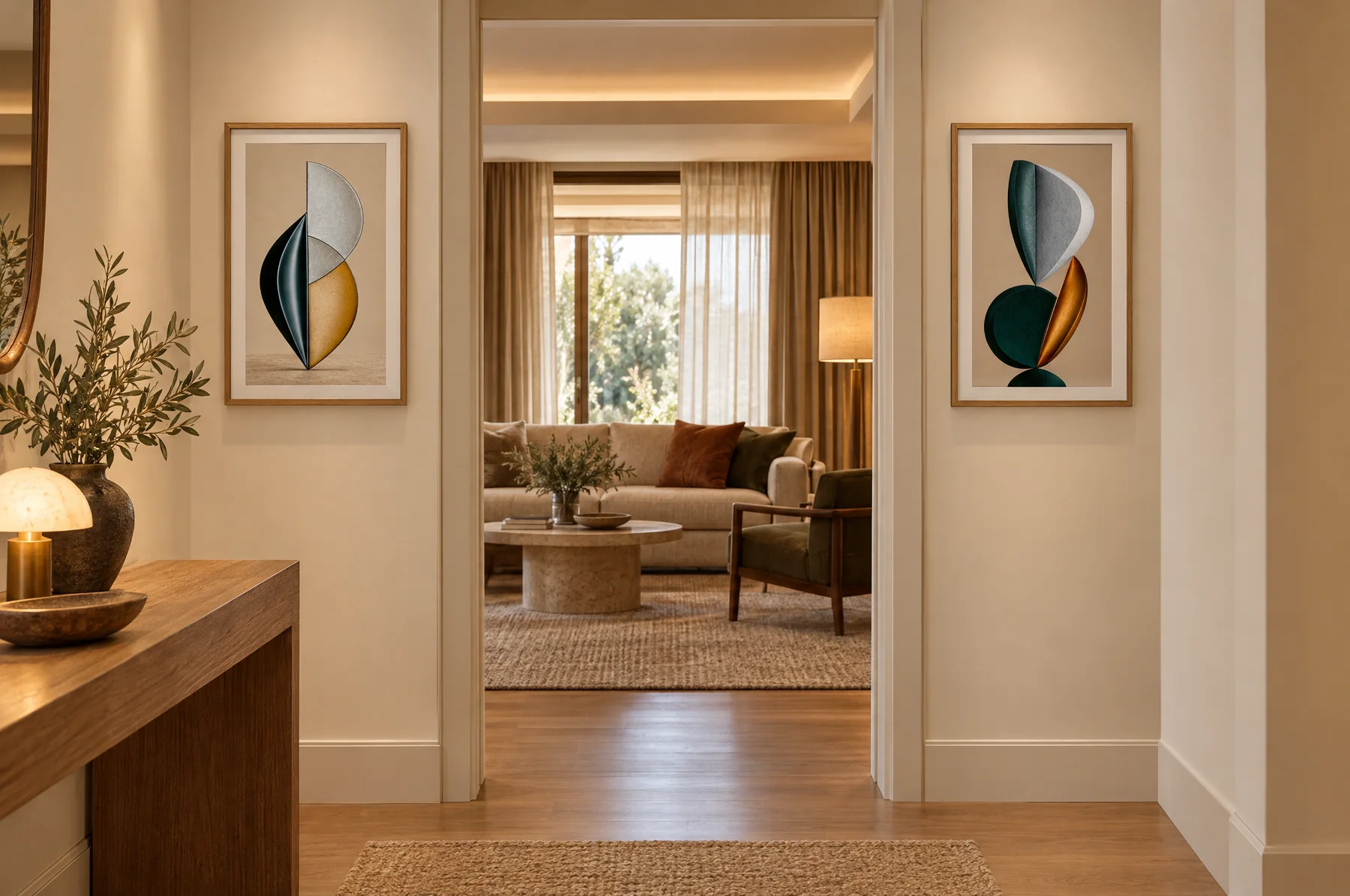 Two framed sculptural portrait artworks flanking the doorway of a suite entrance