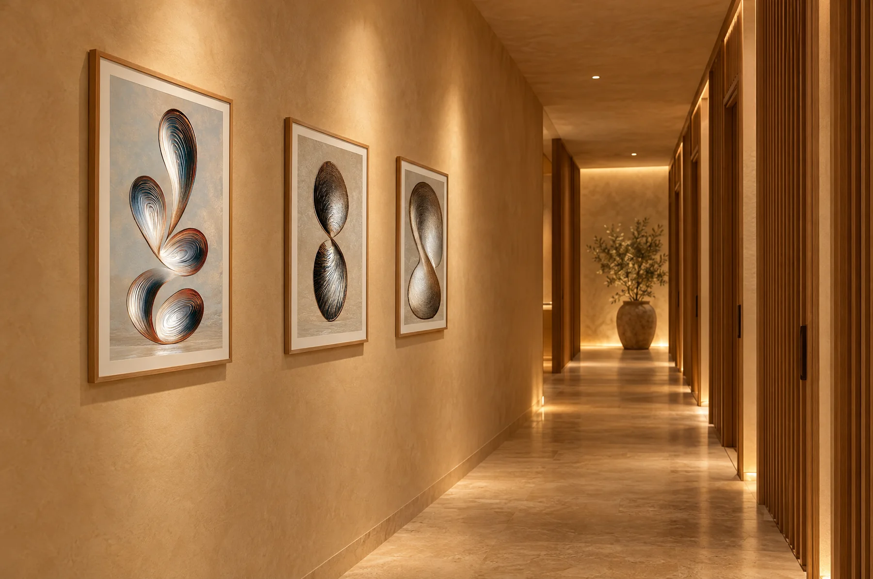 Three framed gold sculptural portrait artworks along a softly lit spa corridor