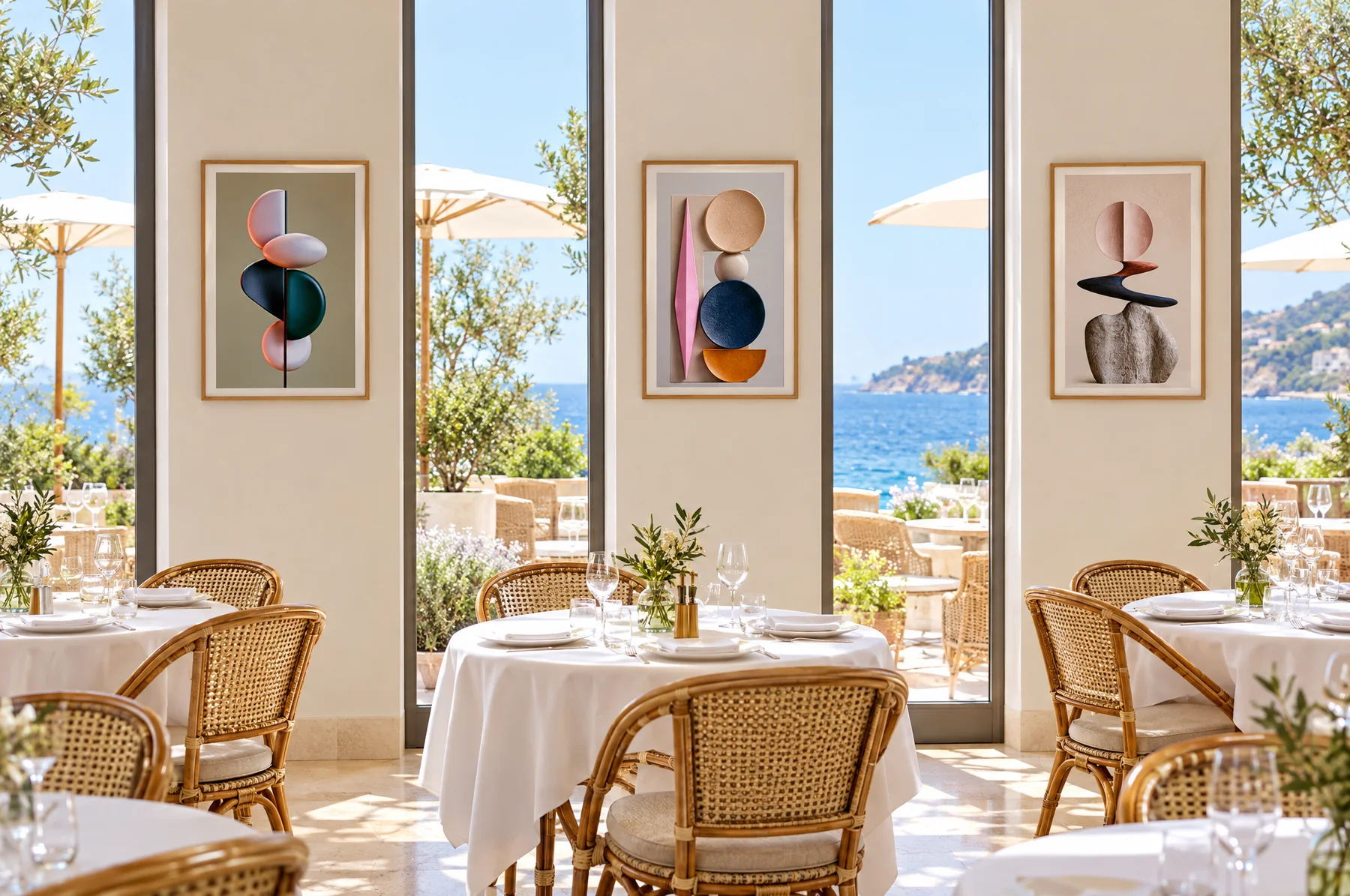 Three framed sculptural portrait artworks on the narrow walls between brasserie windows