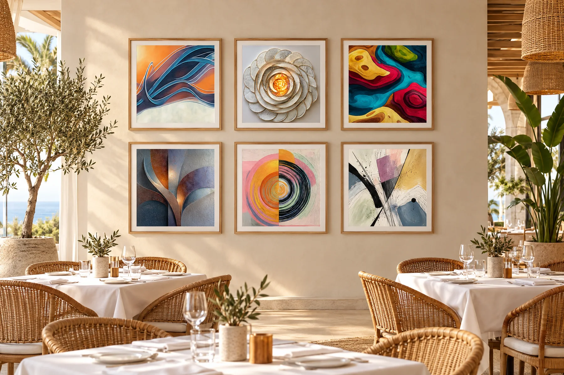 Six framed square artworks from the gallery as a grid wall in a restaurant