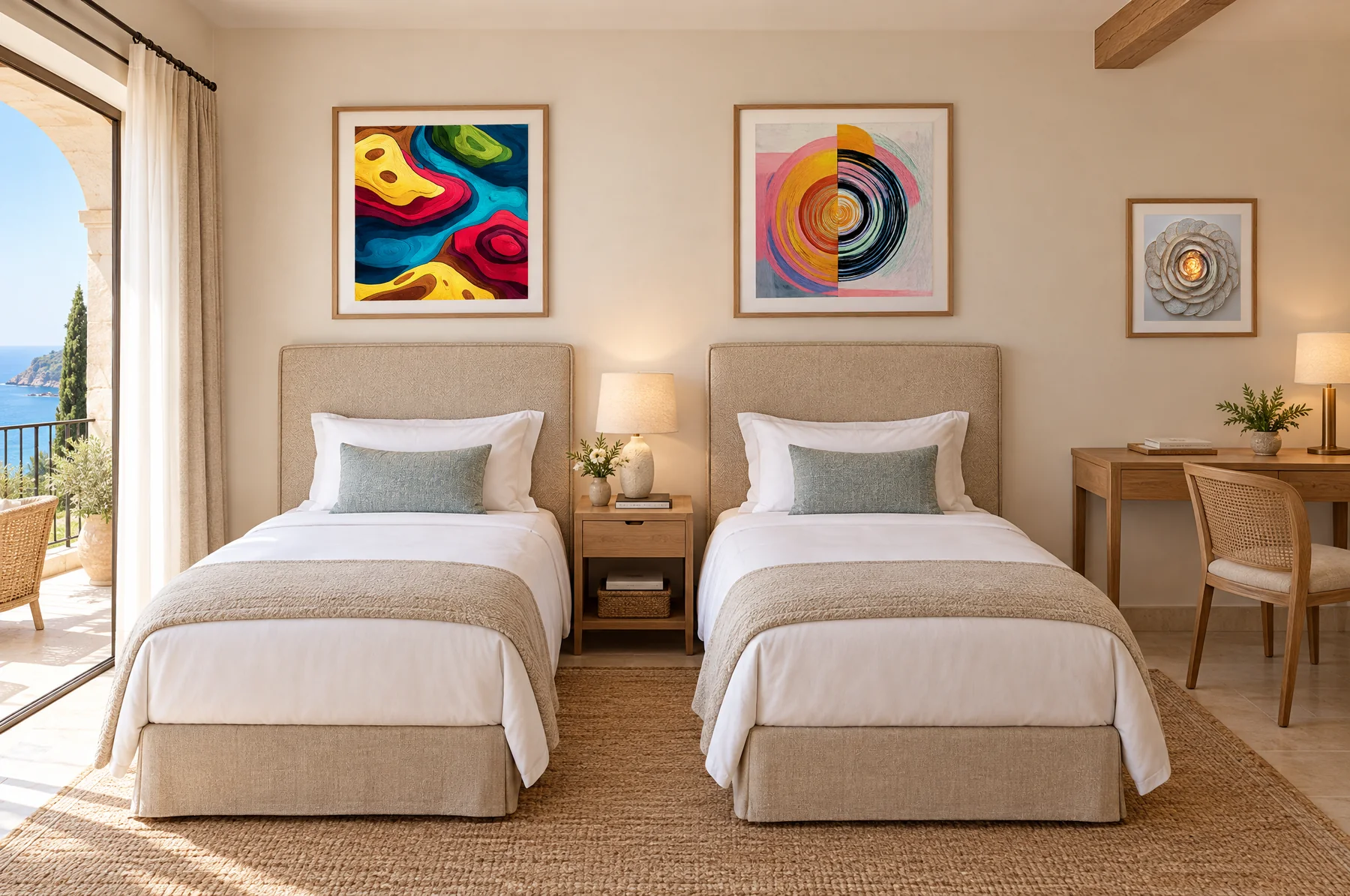 Framed square artworks from the gallery above the twin beds and desk of a guest room
