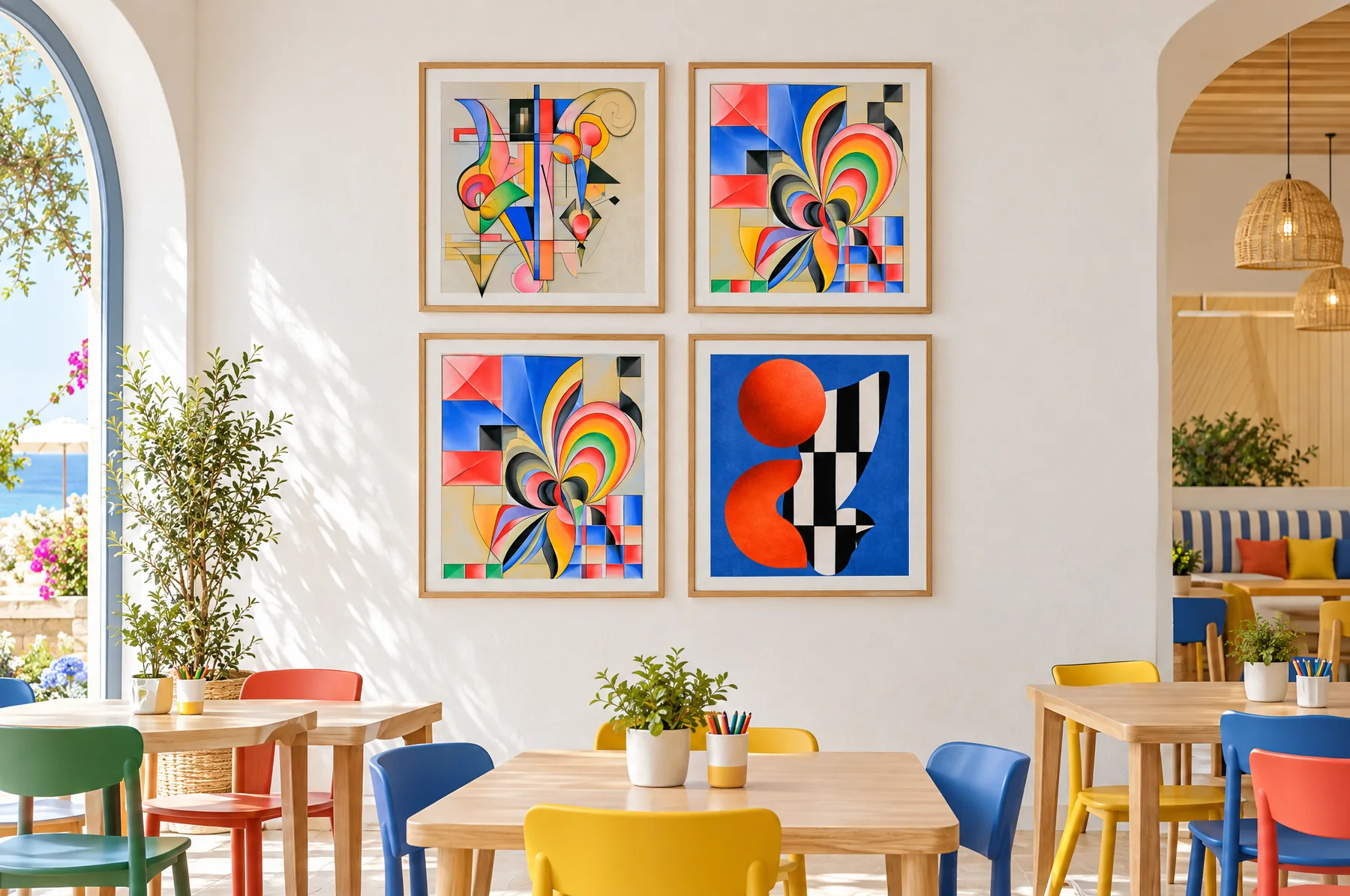 A grid of four bold framed geometric squares in a family cafe