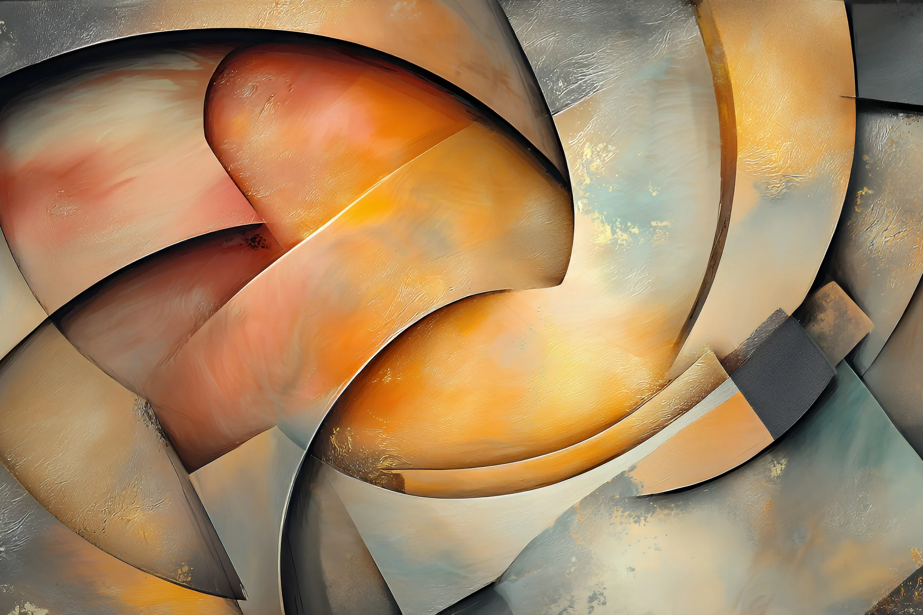 Abstract landscape artwork of curved planes in amber and slate