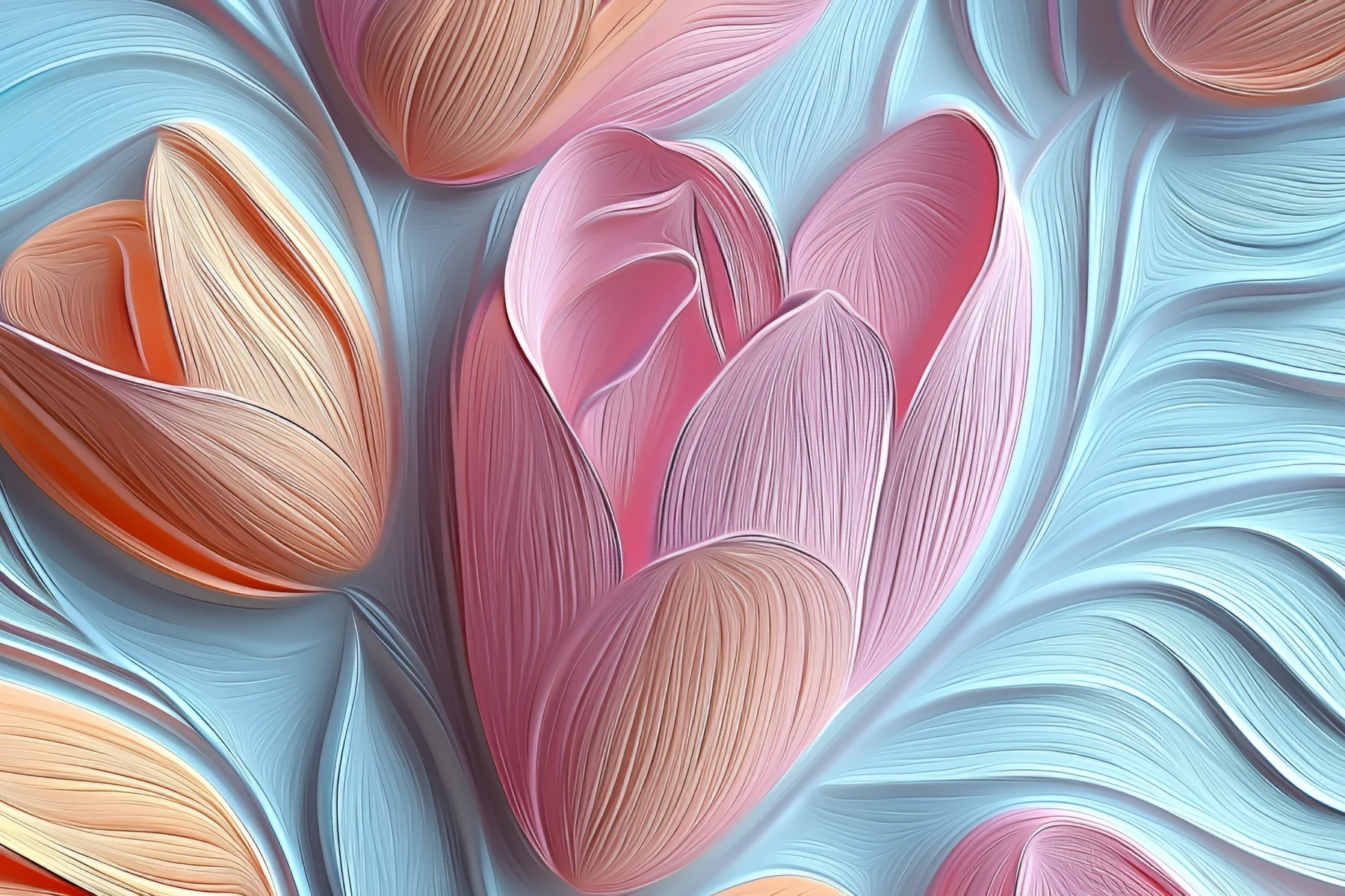 Landscape artwork of pink tulips in soft relief on pale blue