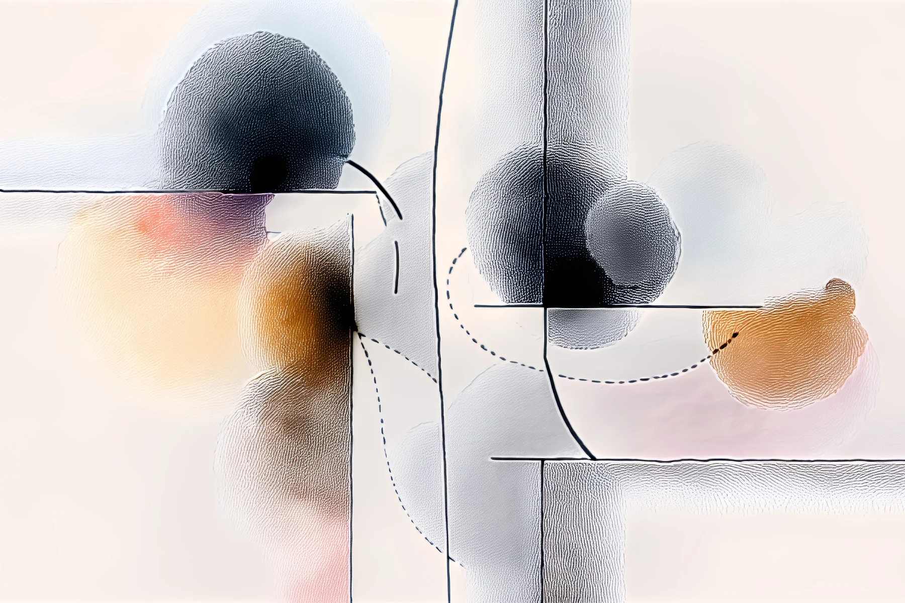 Abstract landscape artwork of ink circles and fine lines on blush paper