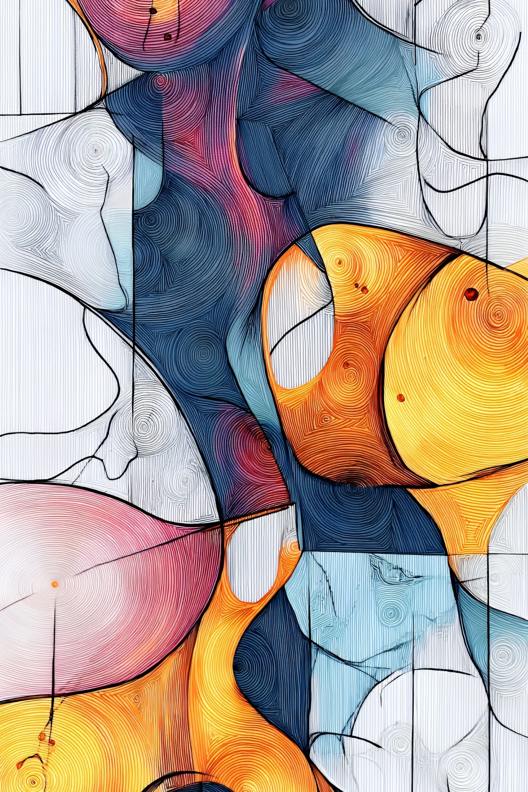 Abstract portrait artwork of flowing organic shapes in amber, blue and rose