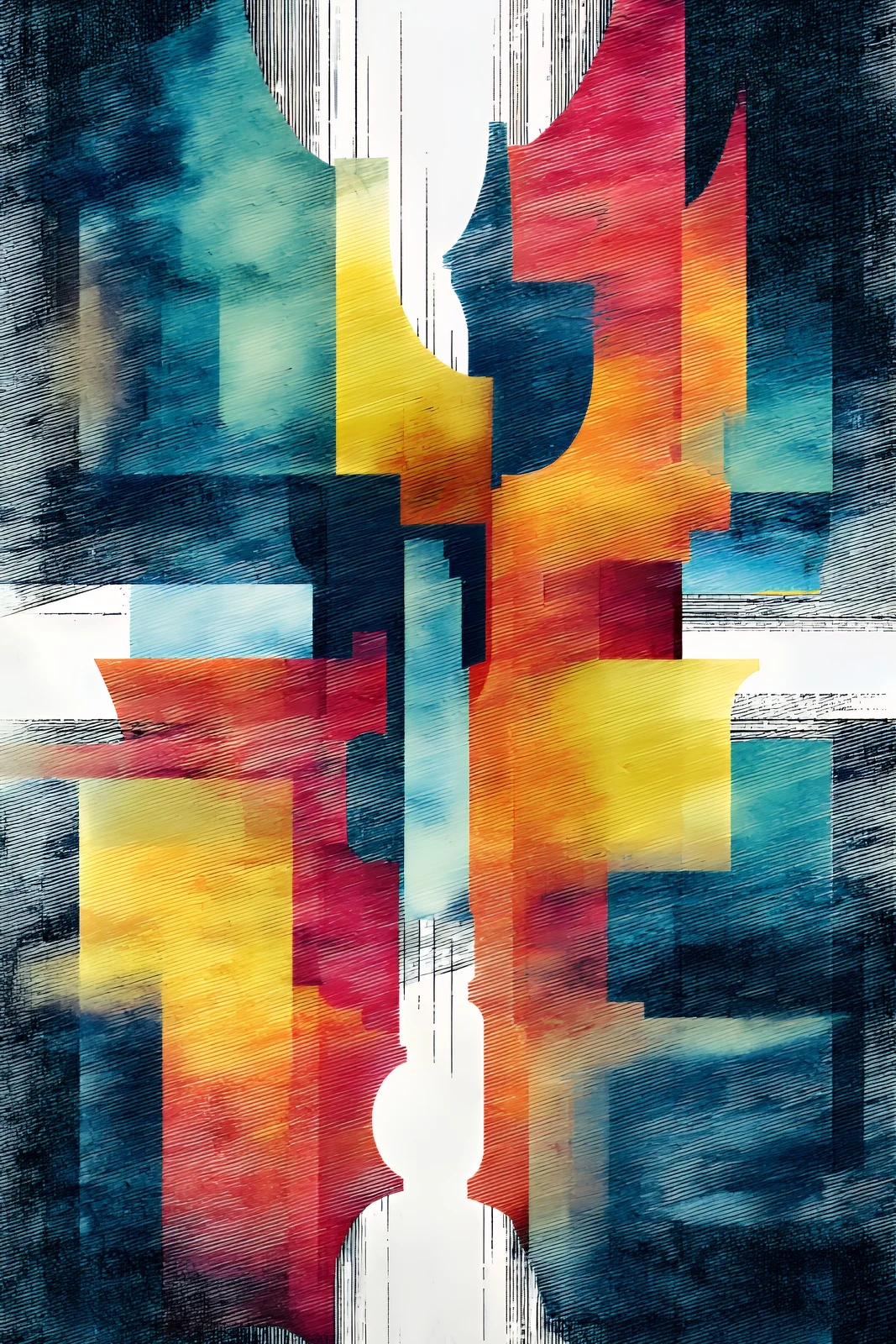 Abstract portrait artwork of layered blocks in teal, gold and red
