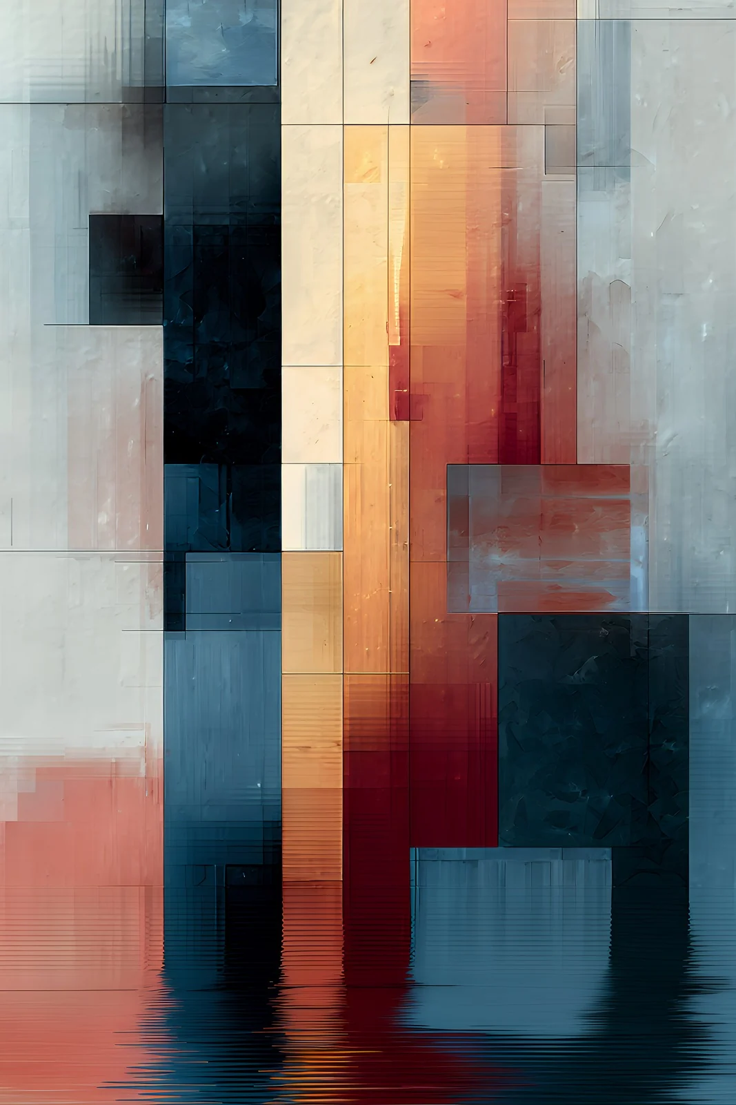 Abstract portrait artwork of soft vertical blocks in slate blue, ochre and rust