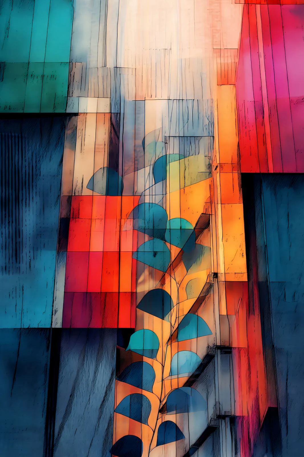 Abstract portrait artwork of geometric panels in deep blue and red with a leaf motif