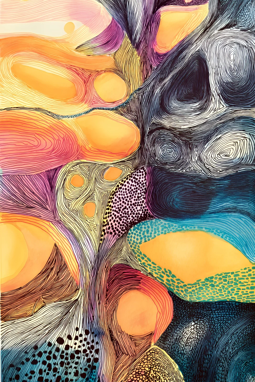 Abstract portrait artwork of organic forms in saffron, teal and charcoal