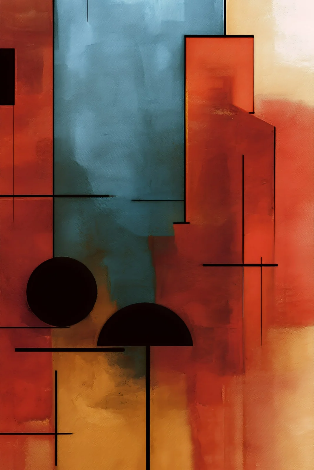 Abstract portrait artwork of terracotta and sky blue planes with dark circles