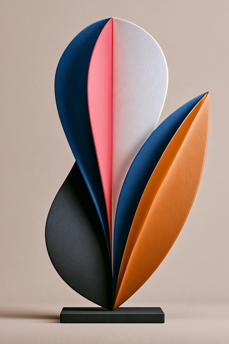 Sculptural abstract portrait artwork of curved leaf forms in cobalt, blush and orange