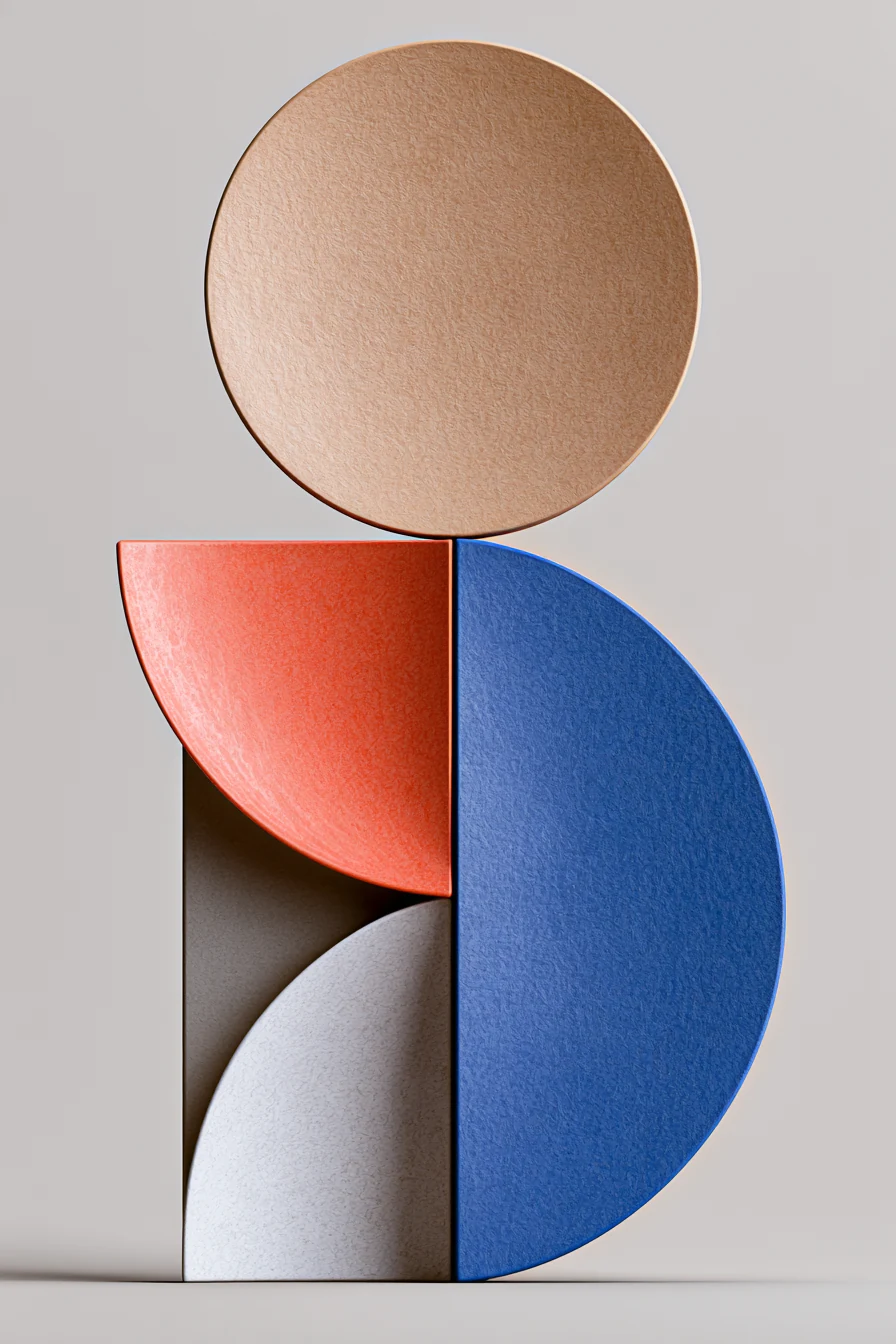 Sculptural abstract portrait artwork of a sand circle over coral and cobalt half discs